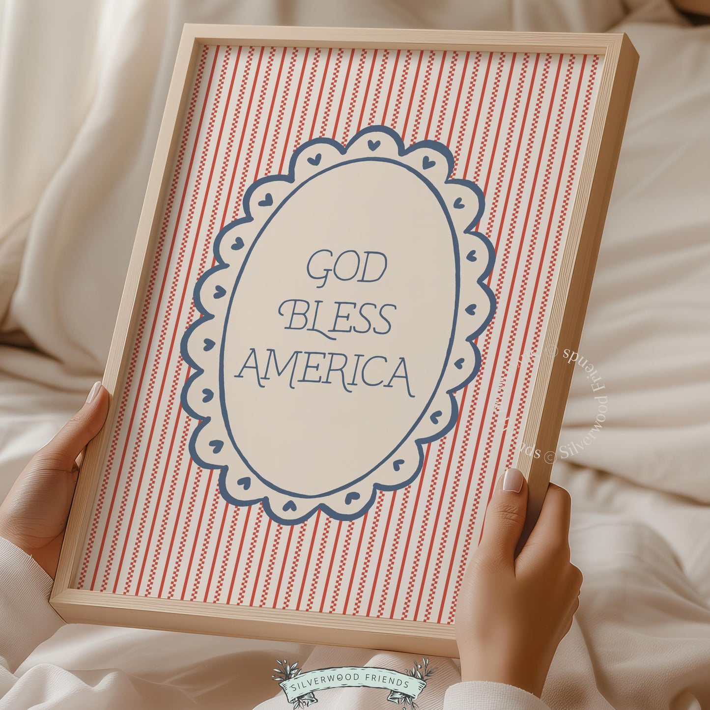 Retro patriotic sentiment picture for holiday decor — timeless lettering on traditional striped background