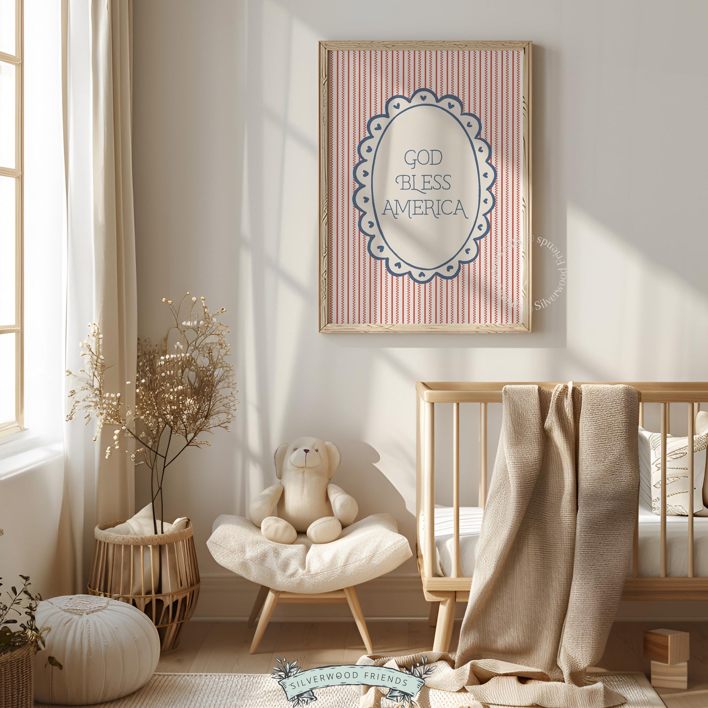 Red white blue printable art for gallery wall — charming retro typography with heart-adorned scalloped border