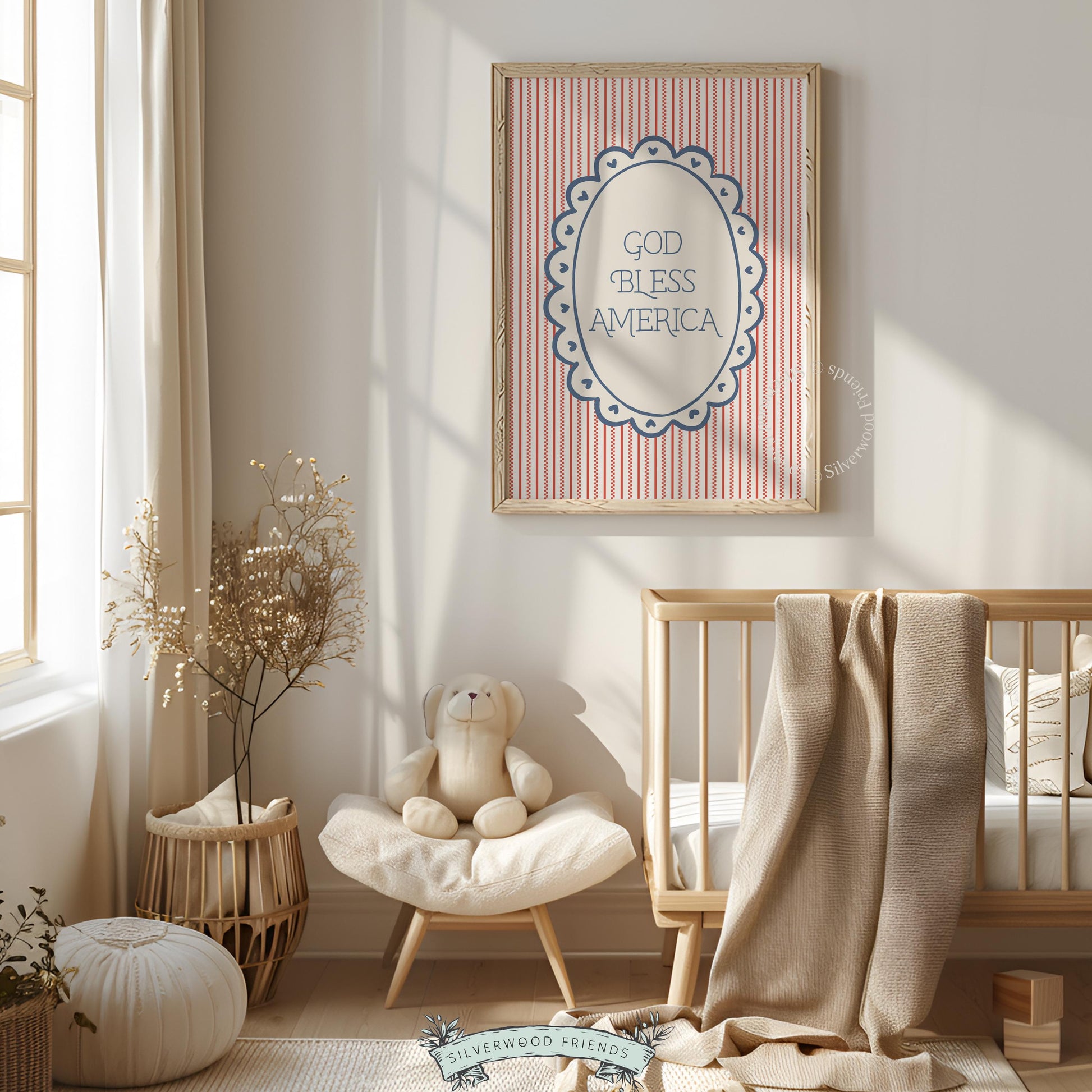 Red white blue printable art for gallery wall — charming retro typography with heart-adorned scalloped border