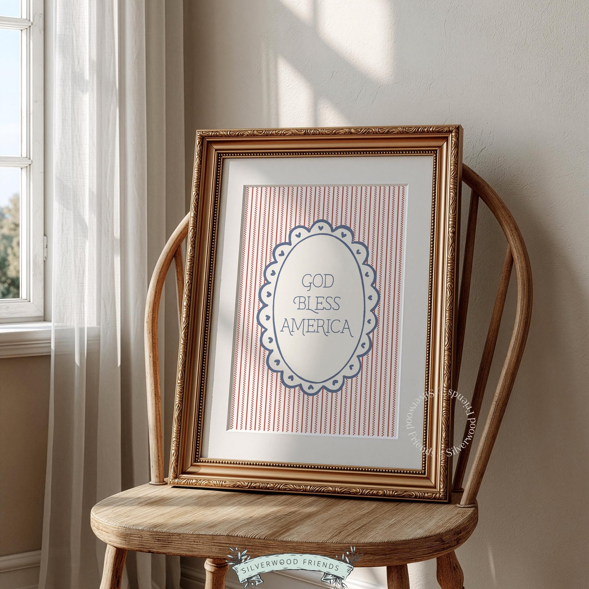 Patriotic wall art printable featuring vintage-inspired lettering in red, white, and navy blue cottage style