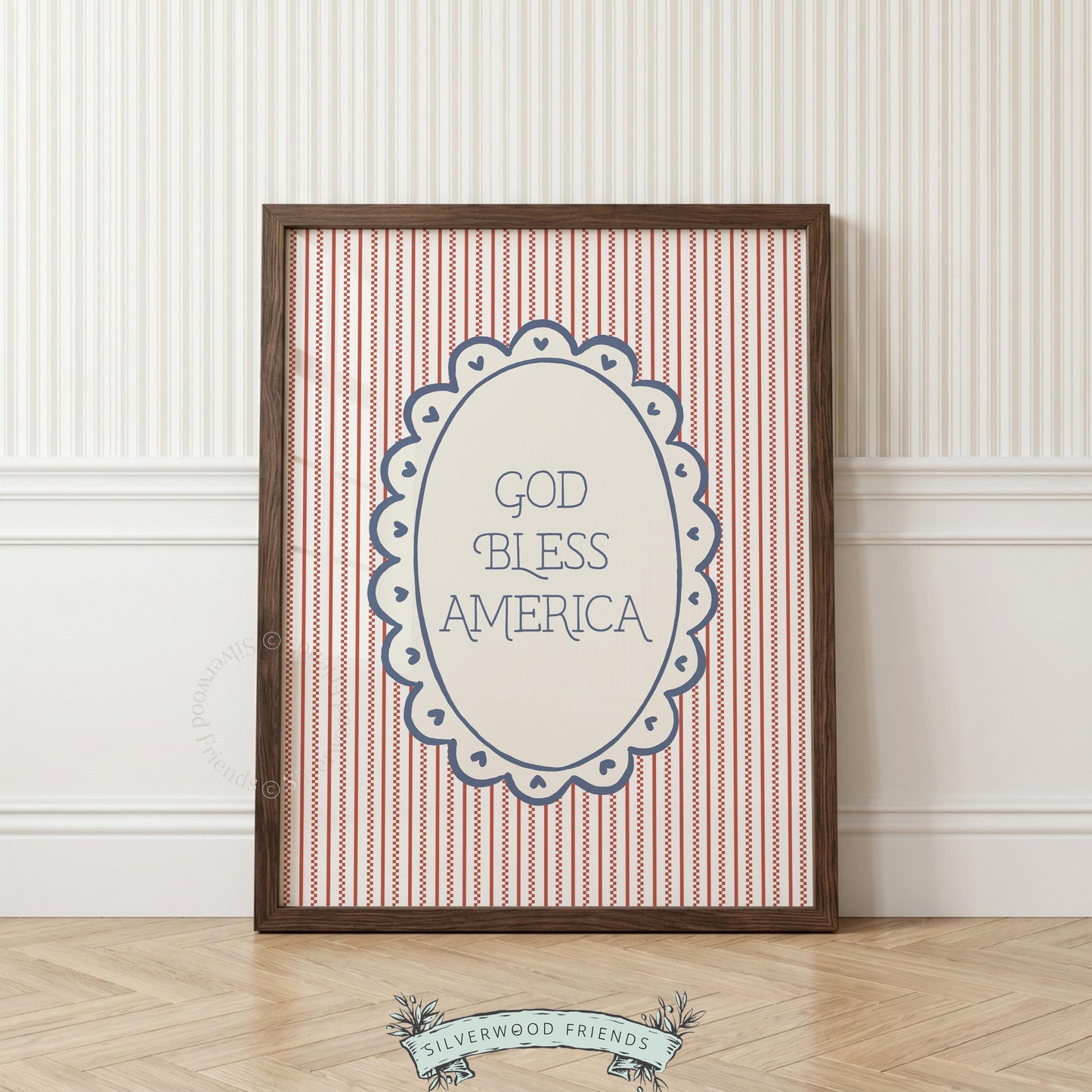 Patriotic sentiment artwork for kitchen — vintage heart-accented typography on classic red striped background