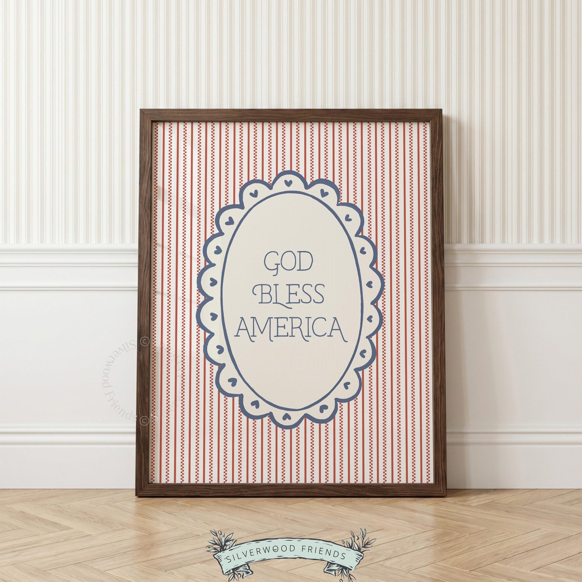 Patriotic sentiment artwork for kitchen — vintage heart-accented typography on classic red striped background