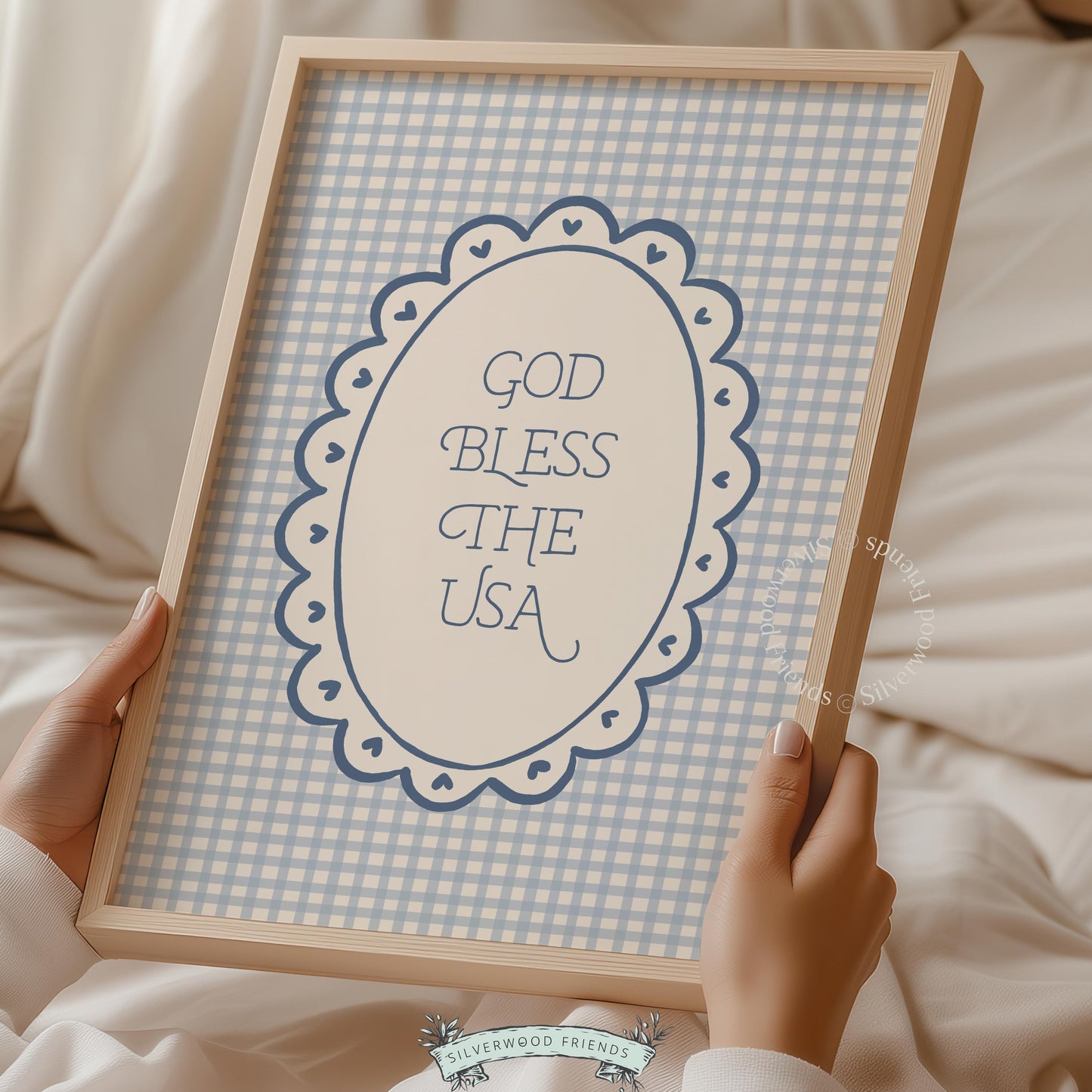Cottagecore patriotic digital print for gallery wall — gentle lettered design on dusty gingham background