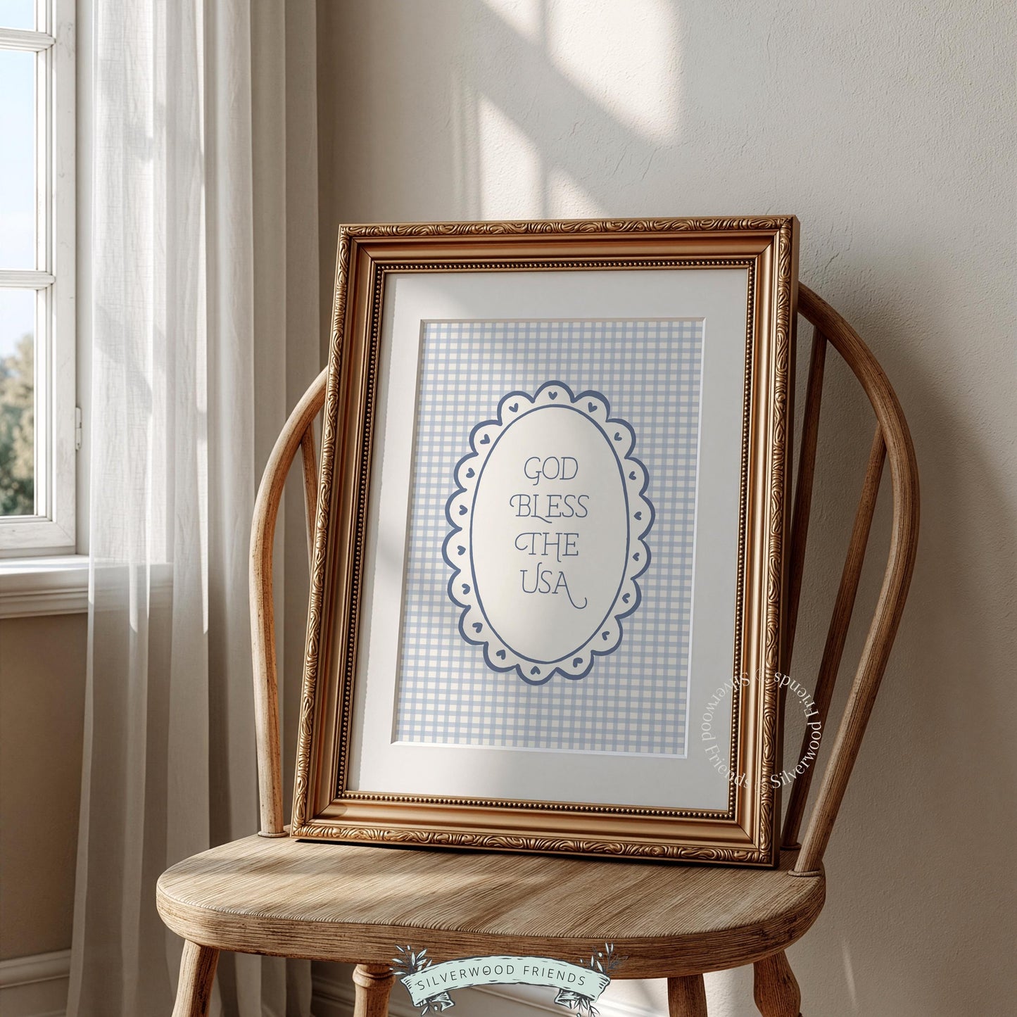Land of the free USA gallery wall art — hand-lettered design on dusty gingham with scalloped embellishment