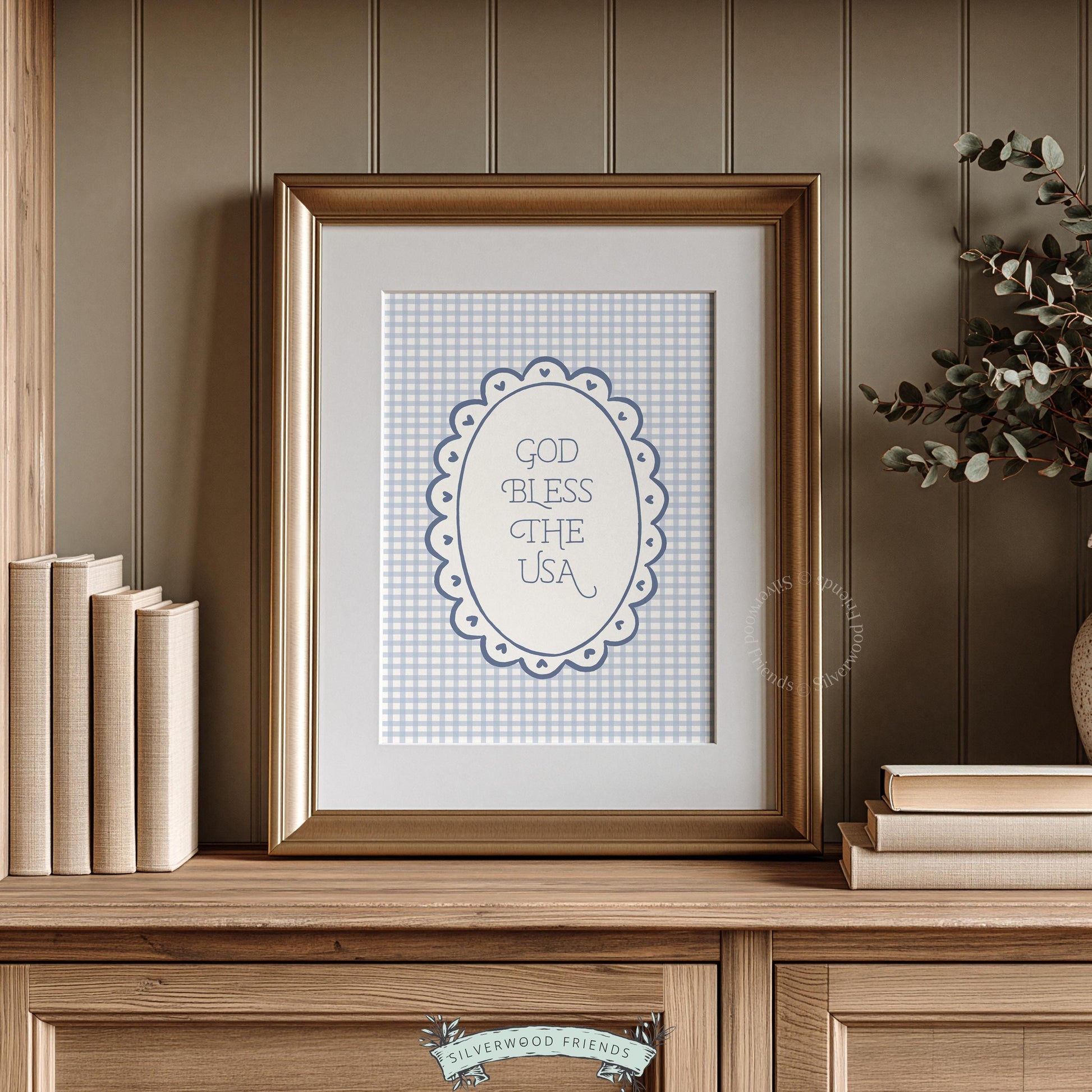 Gingham printable wall art featuring patriotic text with scalloped frame and soft heart accent details