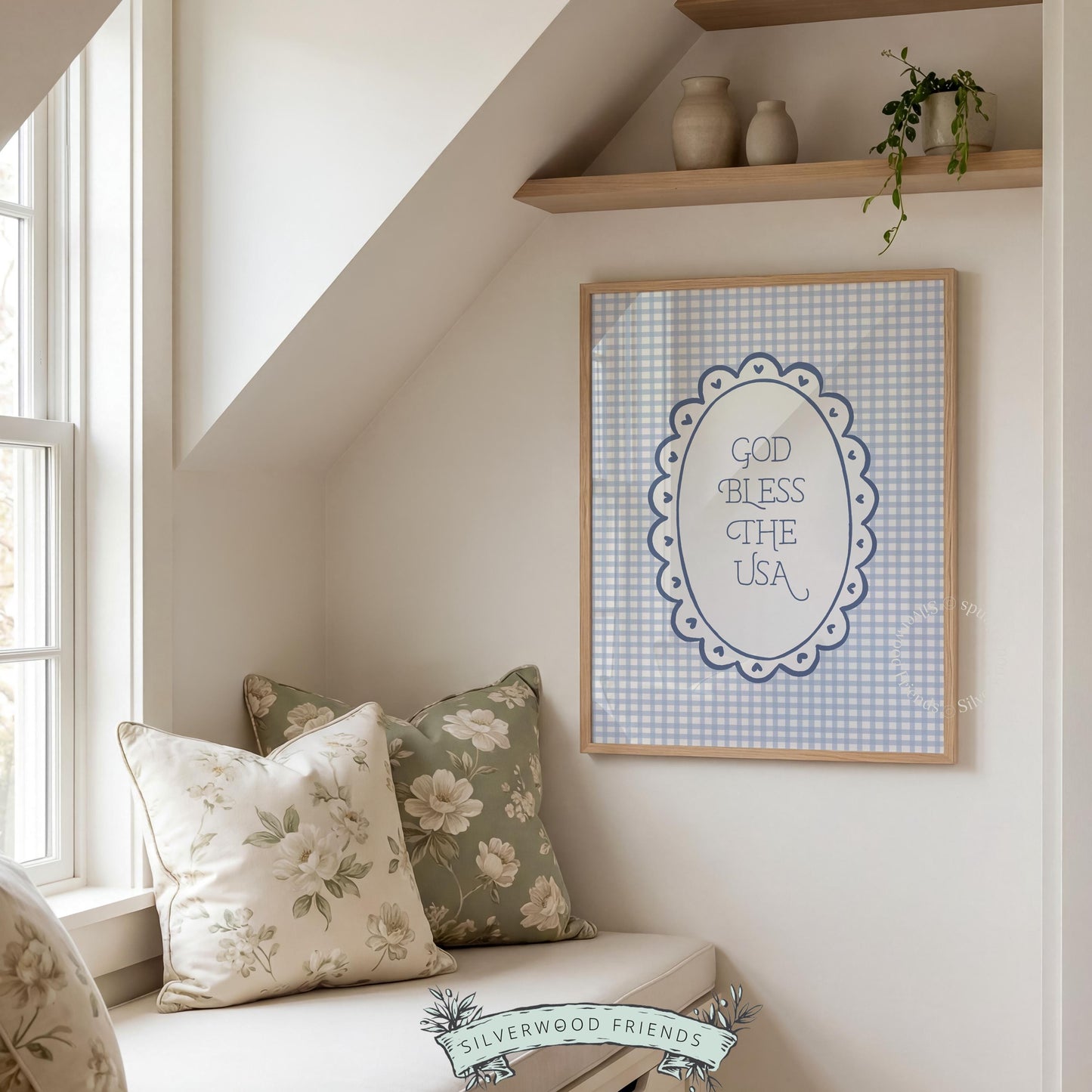 Home of the brave wall decor printable for entryway — soft blue and cream cottage-inspired patriotic aesthetic