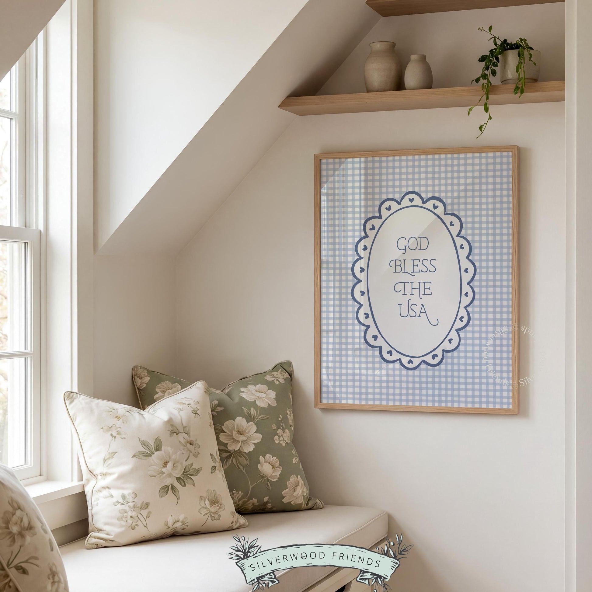 Home of the brave wall decor printable for entryway — soft blue and cream cottage-inspired patriotic aesthetic