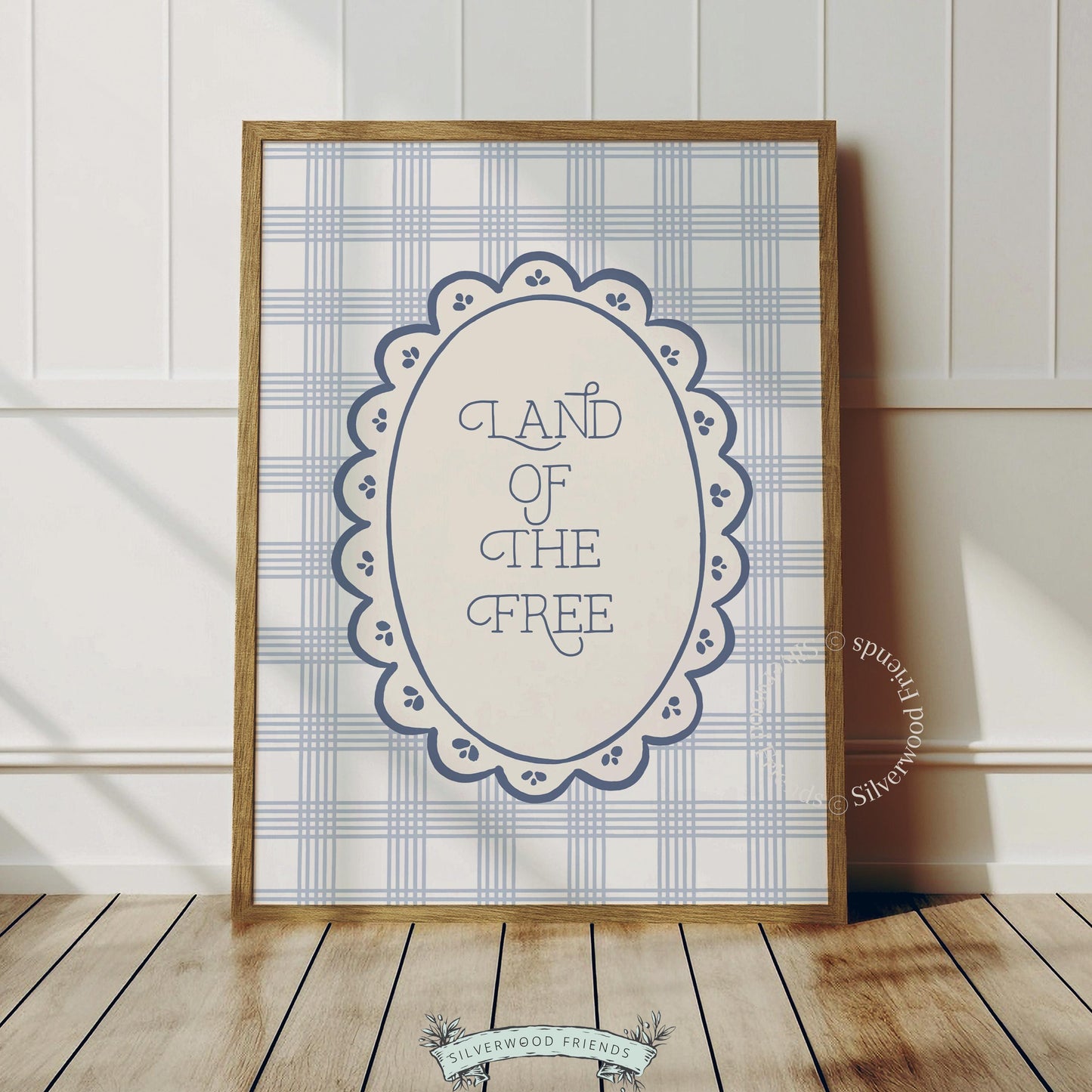 Vintage American pride wall print featuring decorative oval border and soft plaid pattern