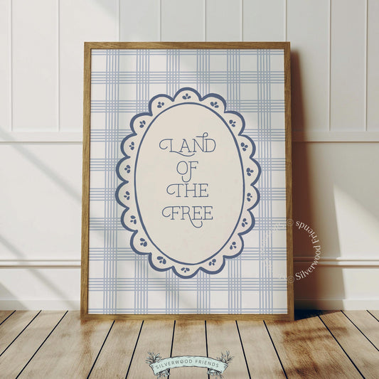 Vintage American pride wall print featuring decorative oval border and soft plaid pattern