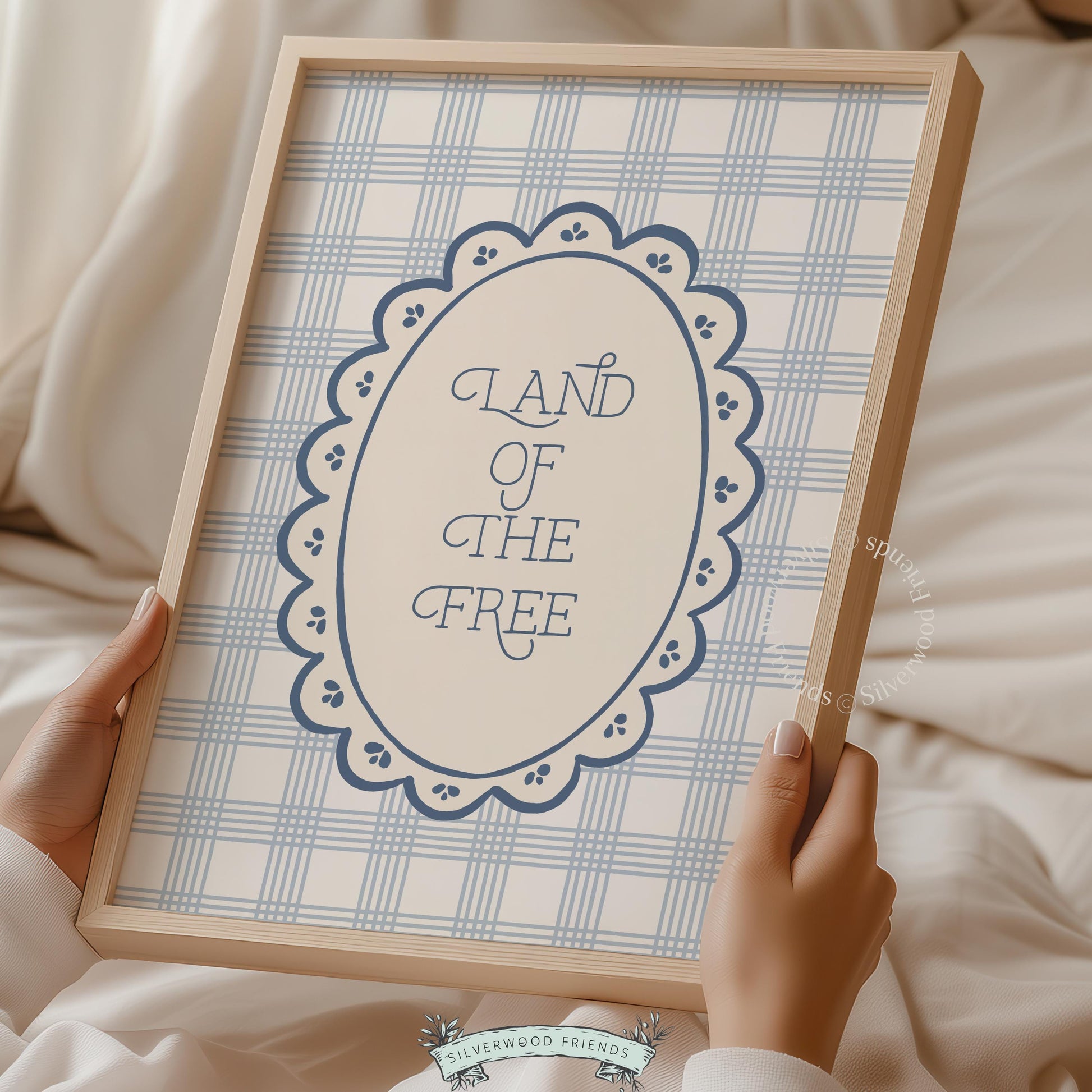 Patriotic typography picture art with feminine oval border and dusty blue plaid aesthetic