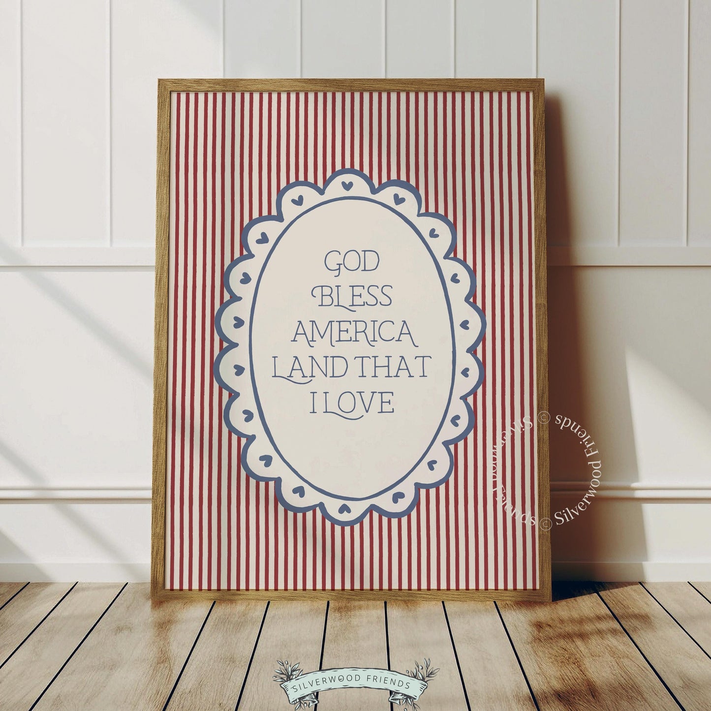 Patriotic gingham printable art for entryway — handwritten quote design with cottagecore aesthetic and heart embellishments