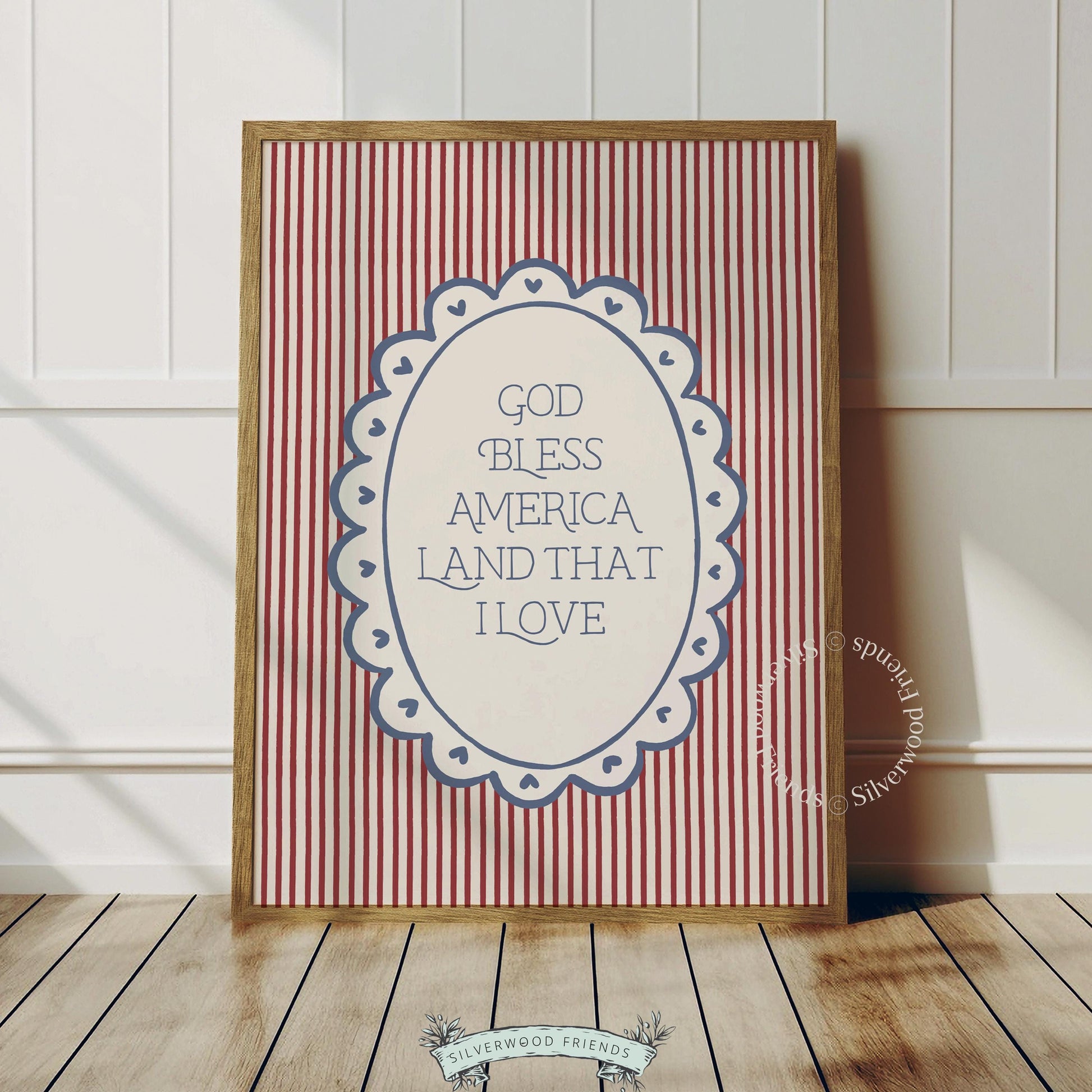 Patriotic gingham printable art for entryway — handwritten quote design with cottagecore aesthetic and heart embellishments