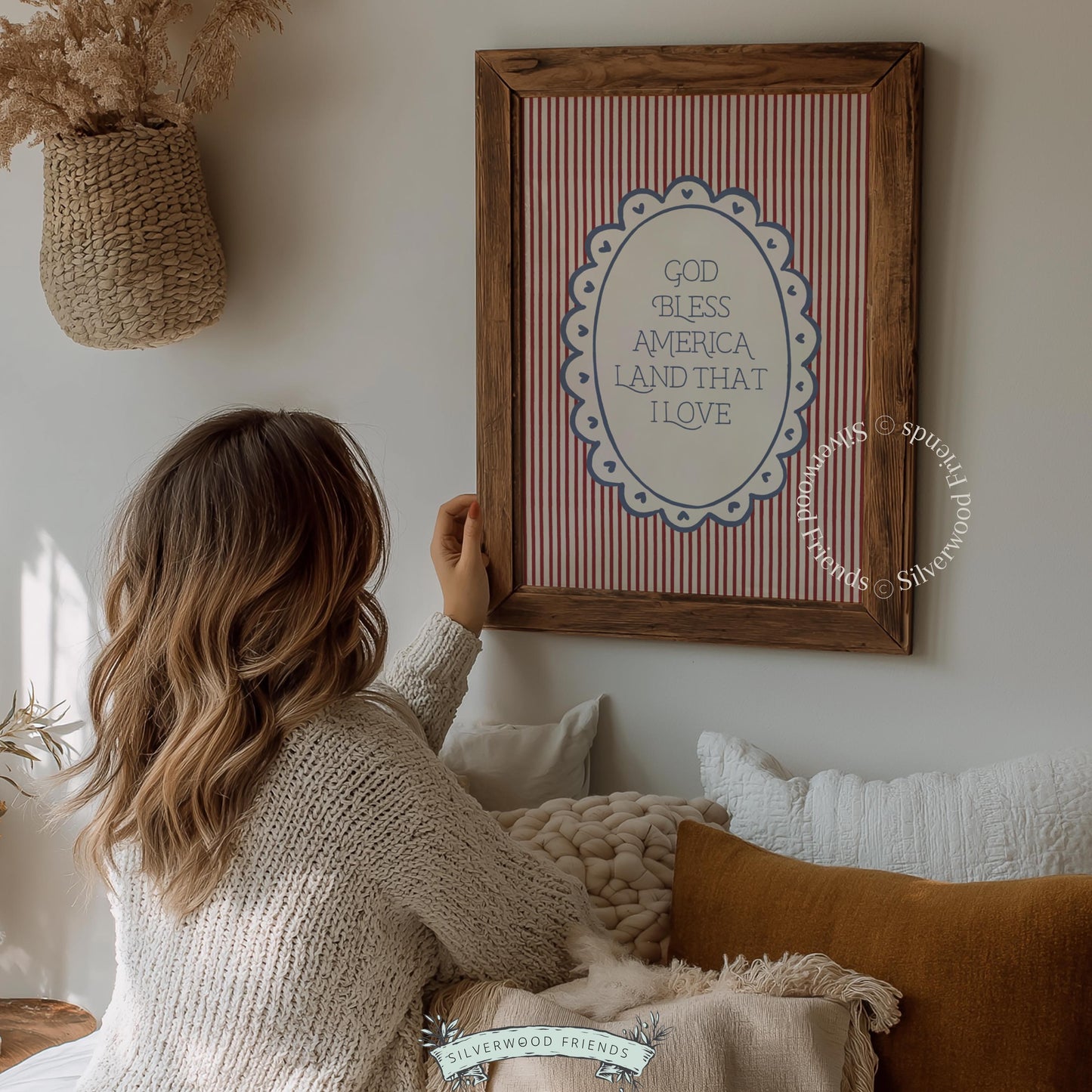 Fourth of July bedroom art with patriotic quote — vintage typography, cream background, blue scalloped accents