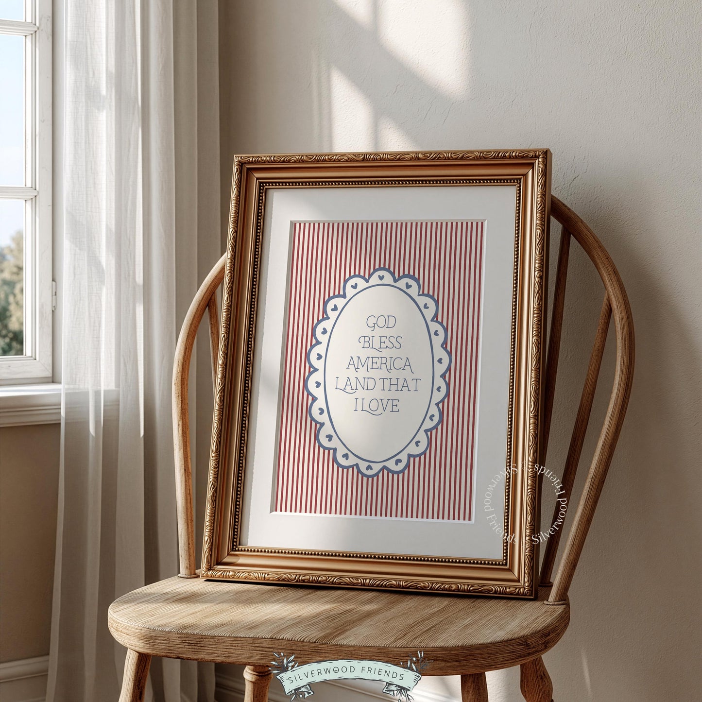 Vintage Americana printable for living room — patriotic sentiment in farmhouse typography with decorative oval frame