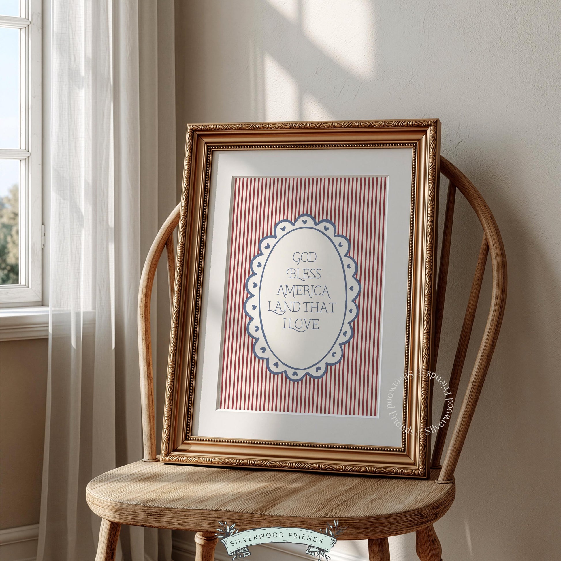 Vintage Americana printable for living room — patriotic sentiment in farmhouse typography with decorative oval frame