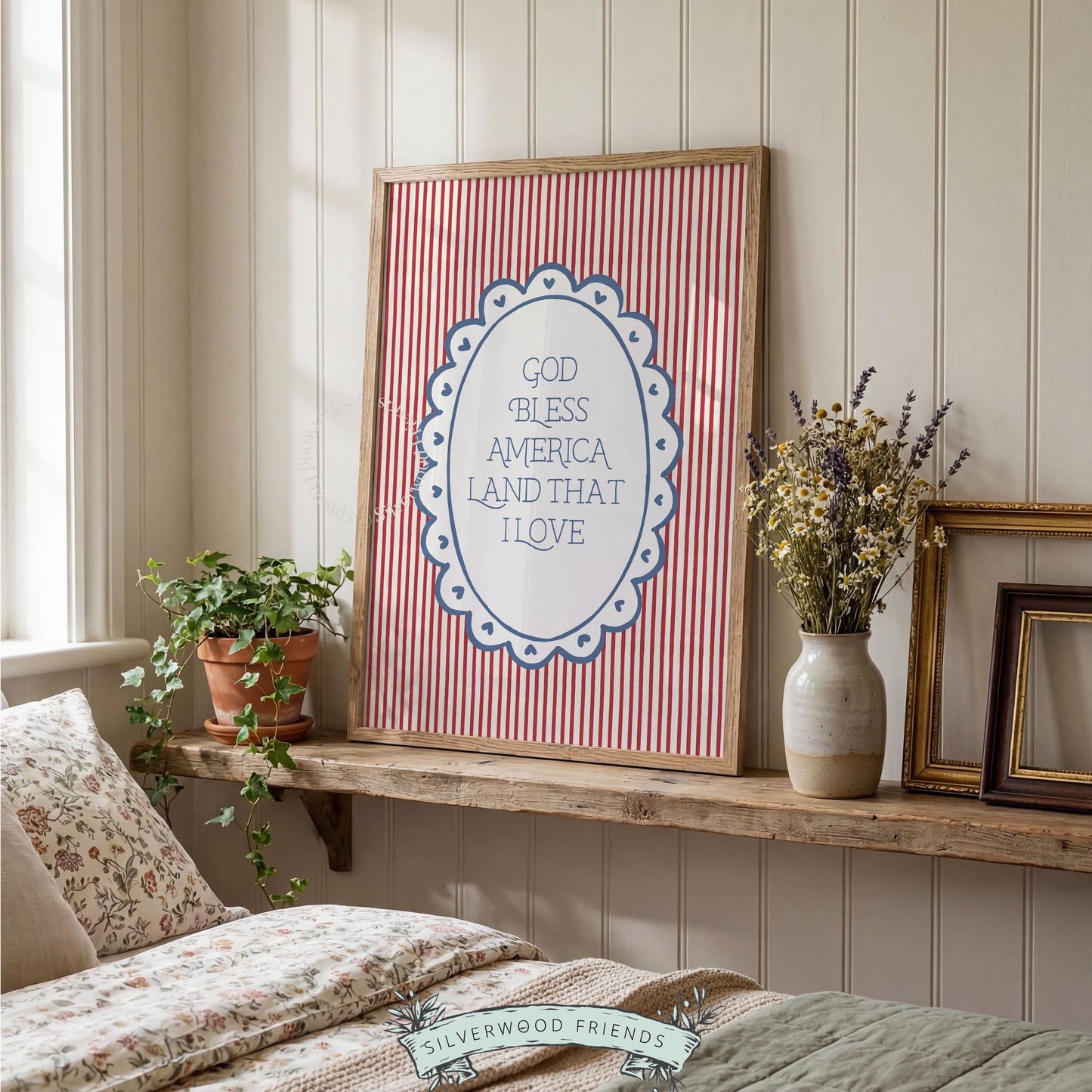American flag inspired gallery wall print — vintage typography with heart details and farmhouse farmstand aesthetic