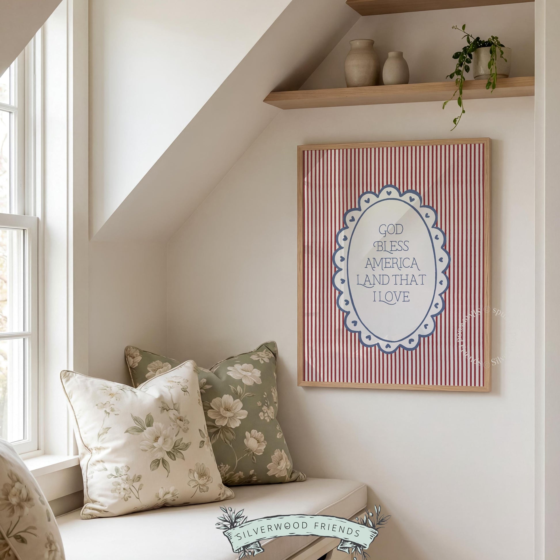 Cottagecore kitchen art featuring patriotic sentiment — cream oval frame with scalloped blue border and striped background