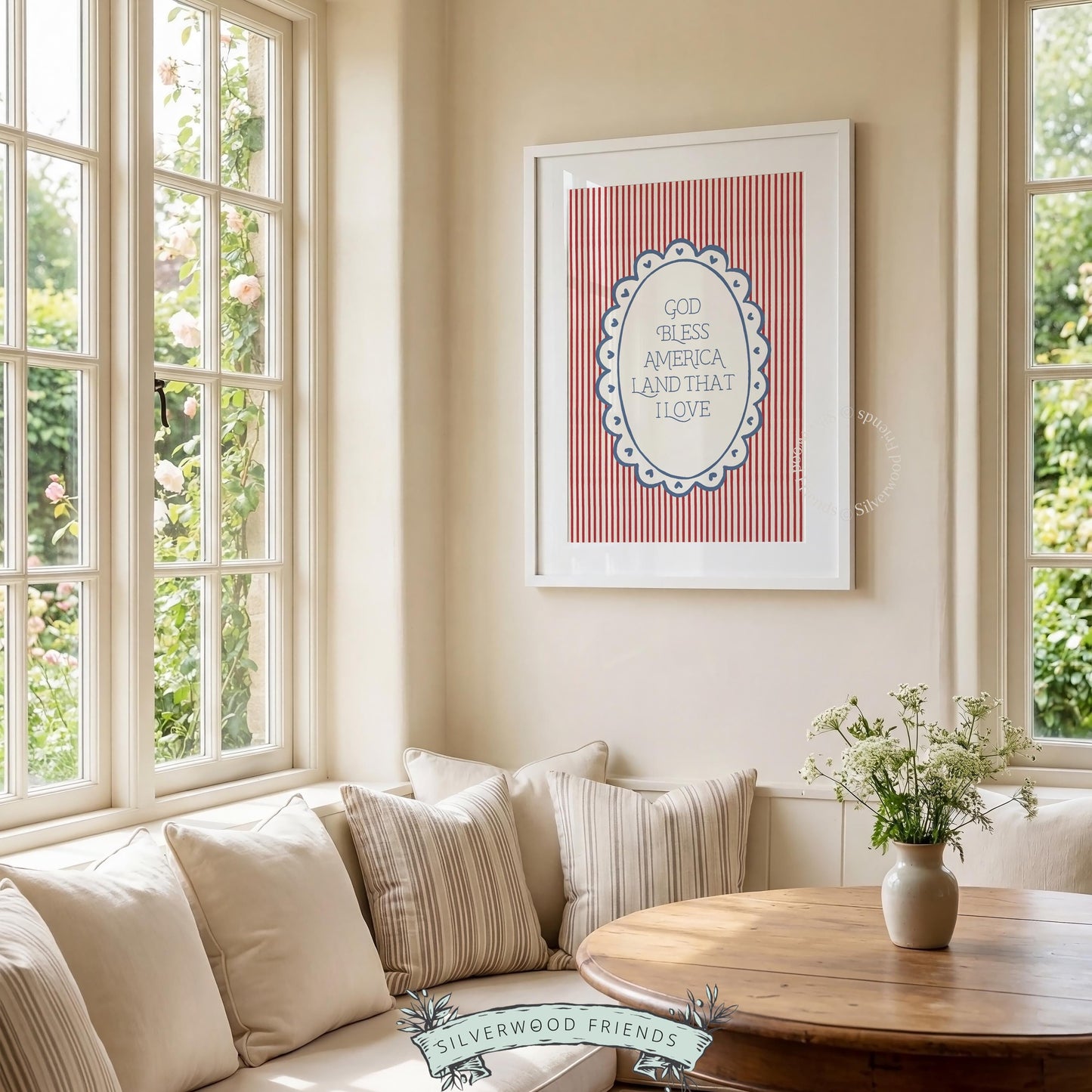 Fourth of July instant download poster — patriotic typography with decorative scalloped frame and patriotic palette