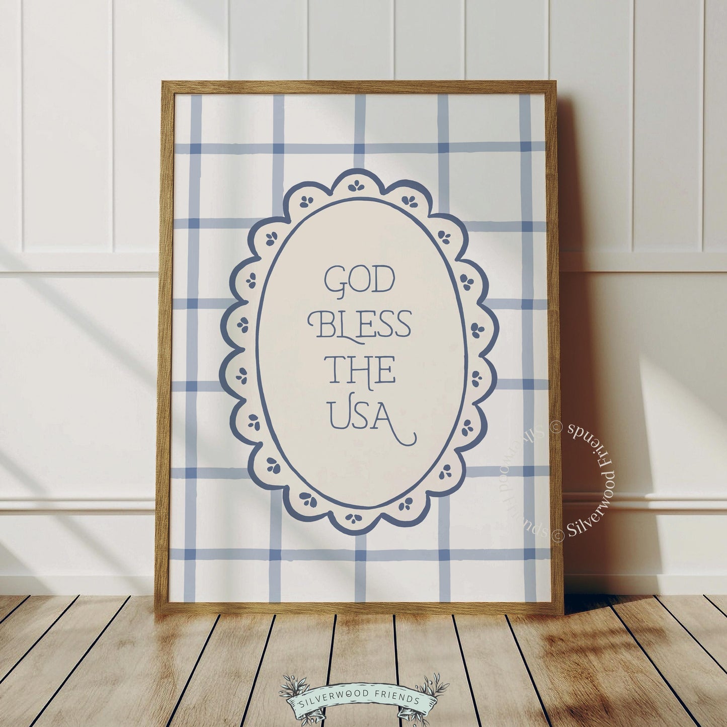 Patriotic typography wall art print for kitchen — soft blue gingham background with vintage Americana aesthetic