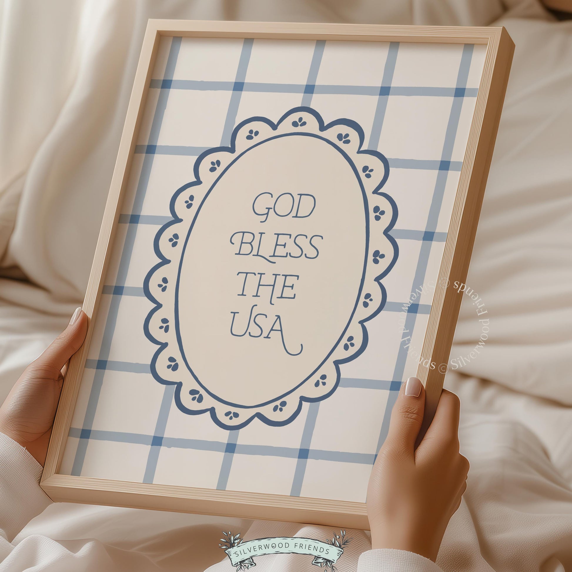 Patriotic sentiment digital art print for living space — charming hand-script on gingham with cottage aesthetic