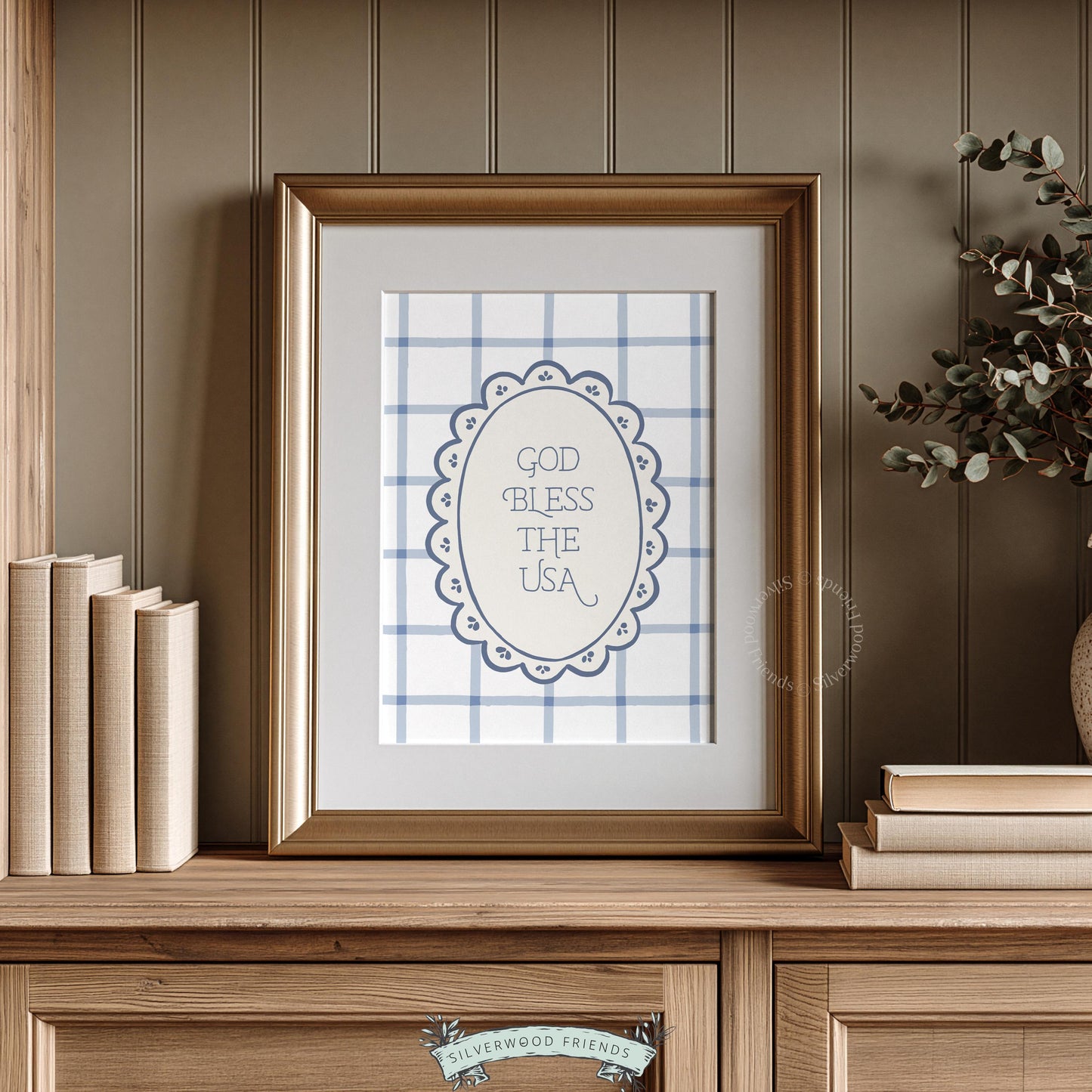 God Bless the USA digital print for living room — charming hand-lettered design in muted blue on cream with cottagecore style