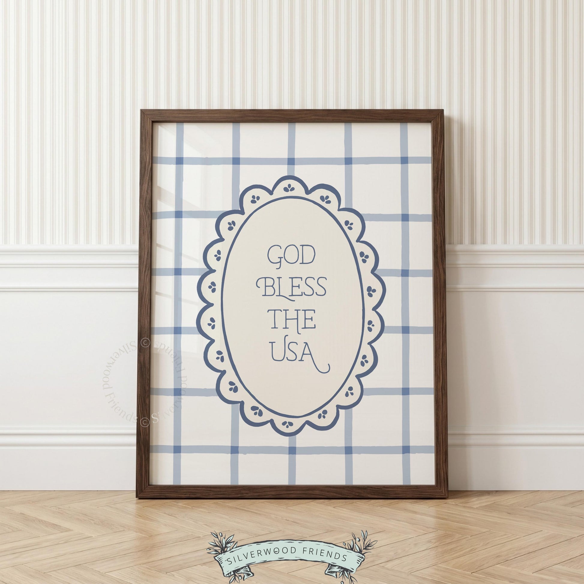 Americana wall decor poster with scalloped frame typography — neutral farmhouse colors perfect for fourth of July