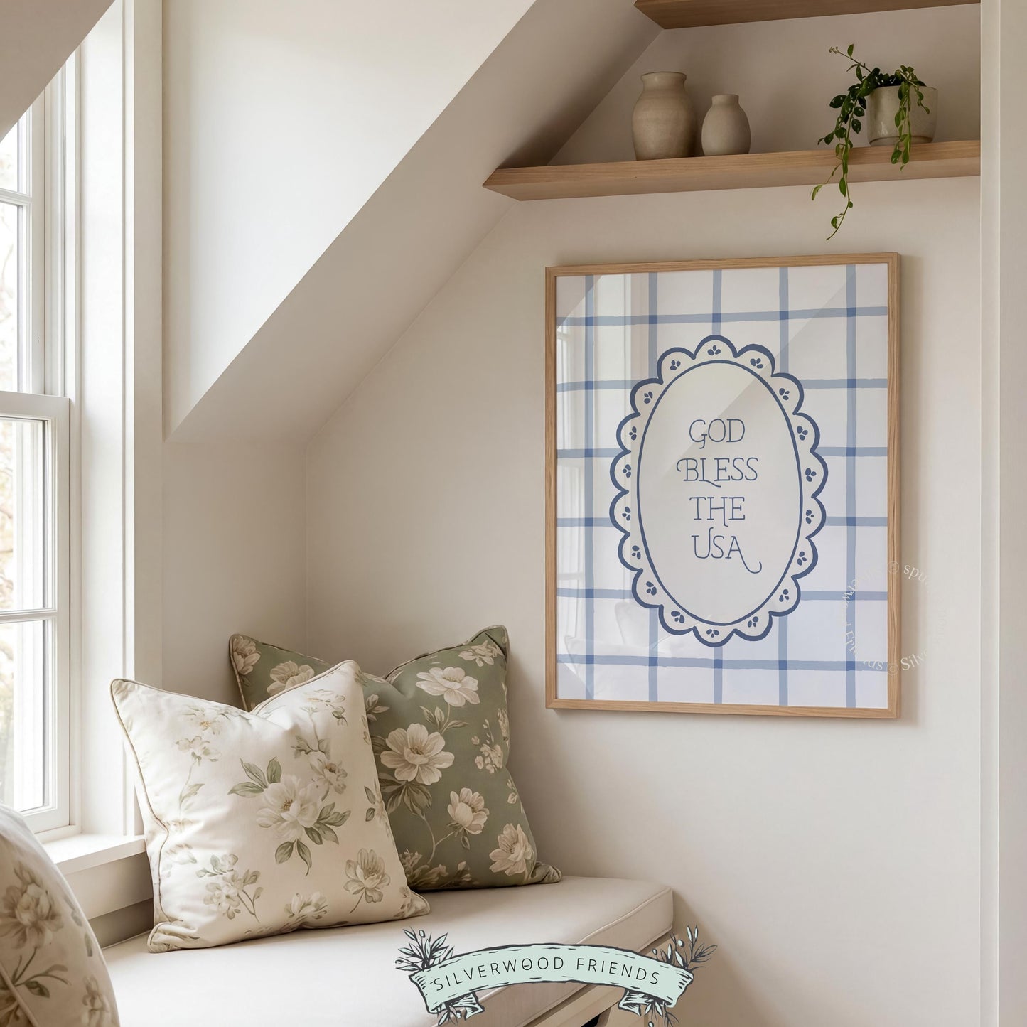 God Bless the USA typography printable art for entryway — hand-lettered patriotic design on cream and blue plaid background