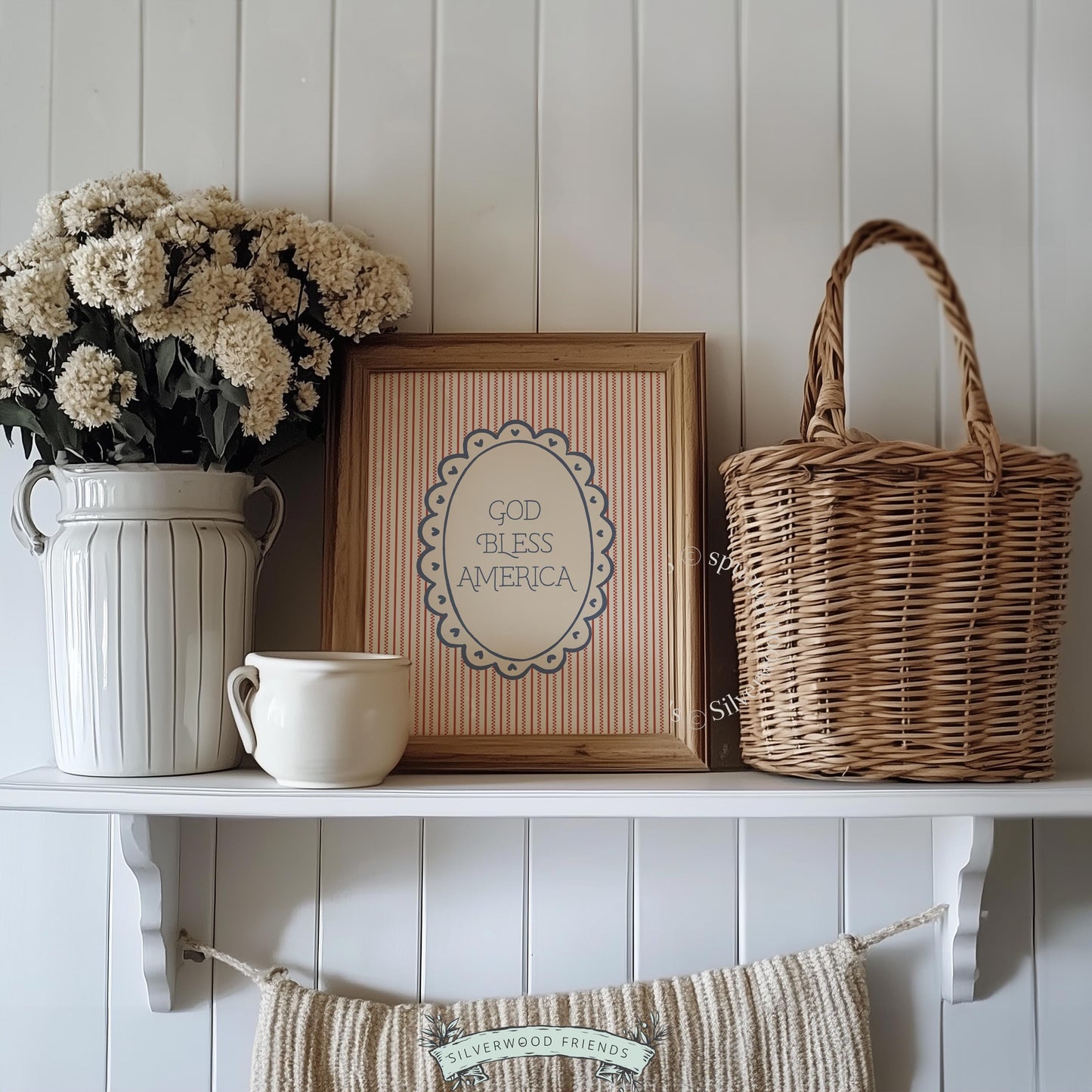 Timeless American blessing print featuring sophisticated lettering in cottage-inspired red, white, navy palette