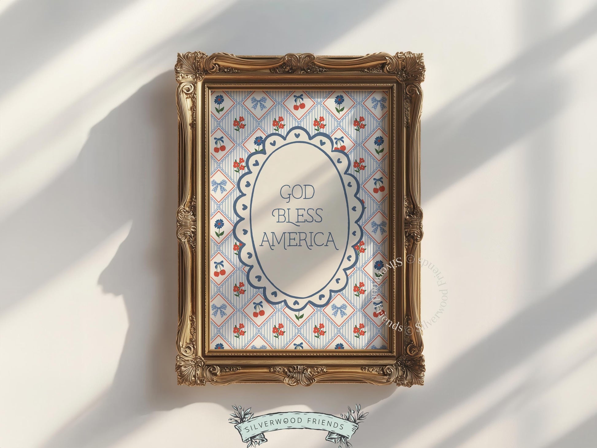 Patriotic summer BBQ artwork printable for gallery wall — soft colors with botanical quilt-style border