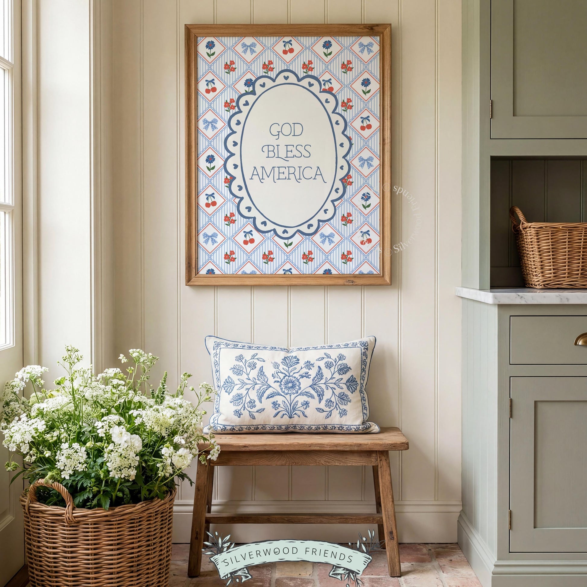 Patriotic gallery wall print featuring scalloped frame typography and charming heritage floral pattern