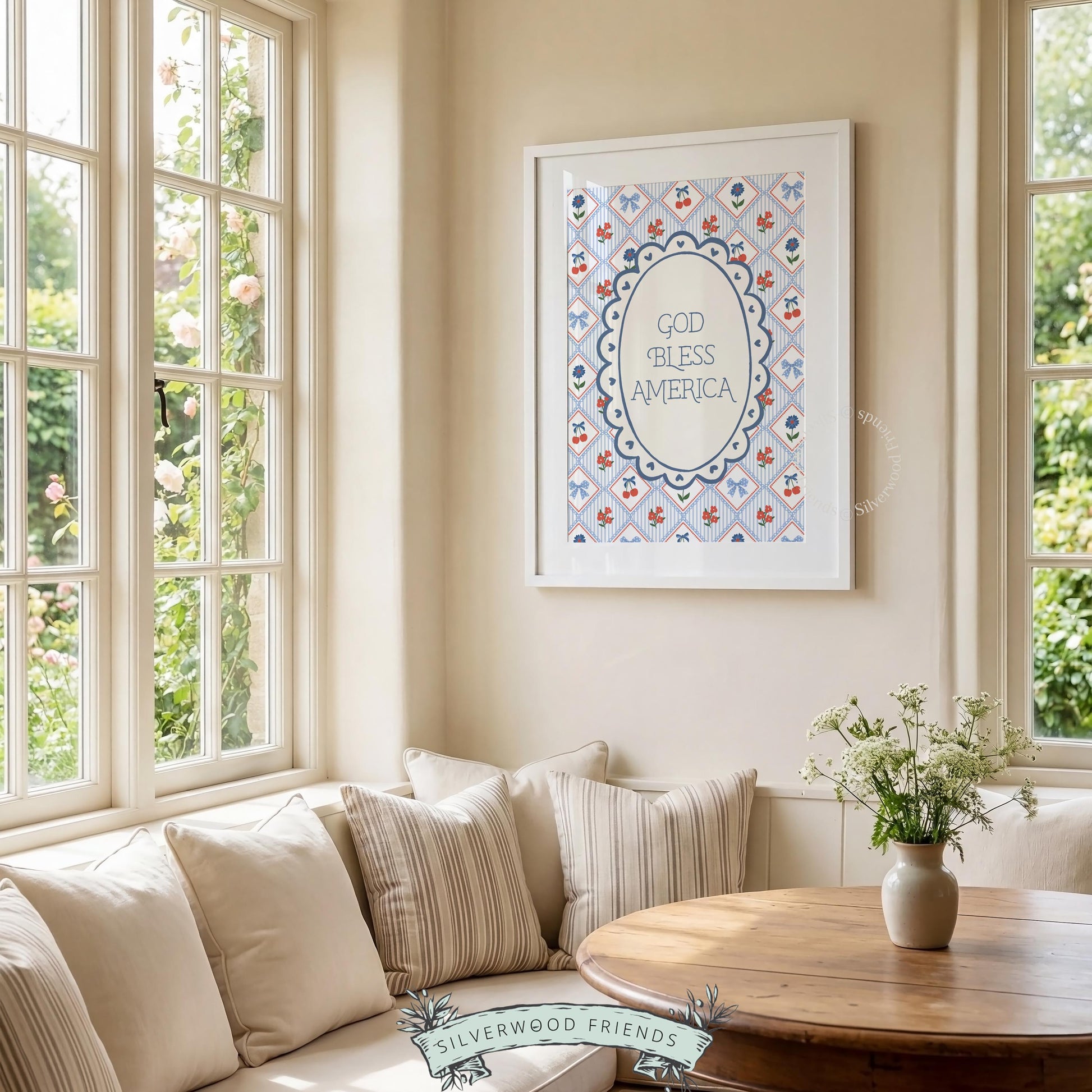 Patriotic wall art poster with scalloped oval frame and red white blue diamond grid background