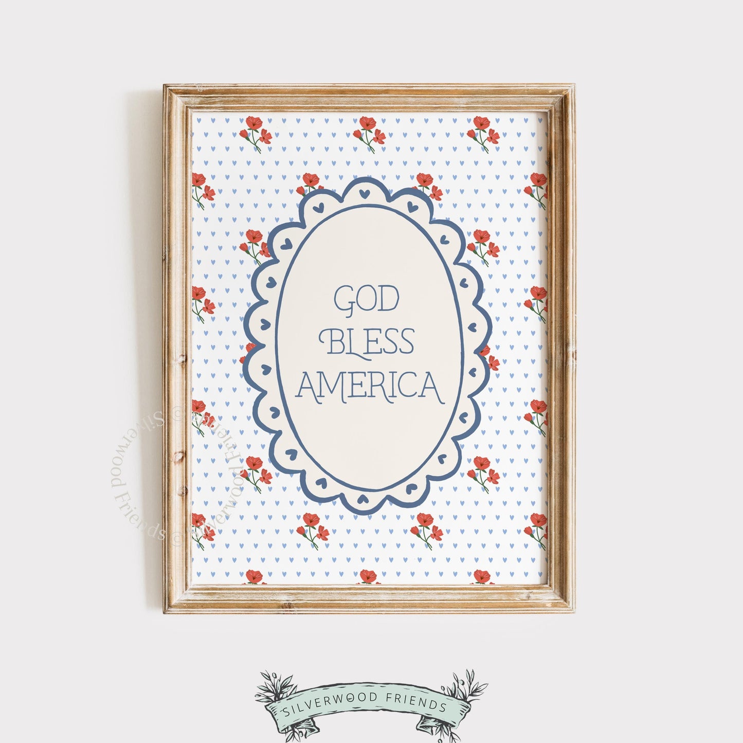 Vintage-style patriotic printable wall art featuring navy frame, cherries, and timeless red-white-blue aesthetic