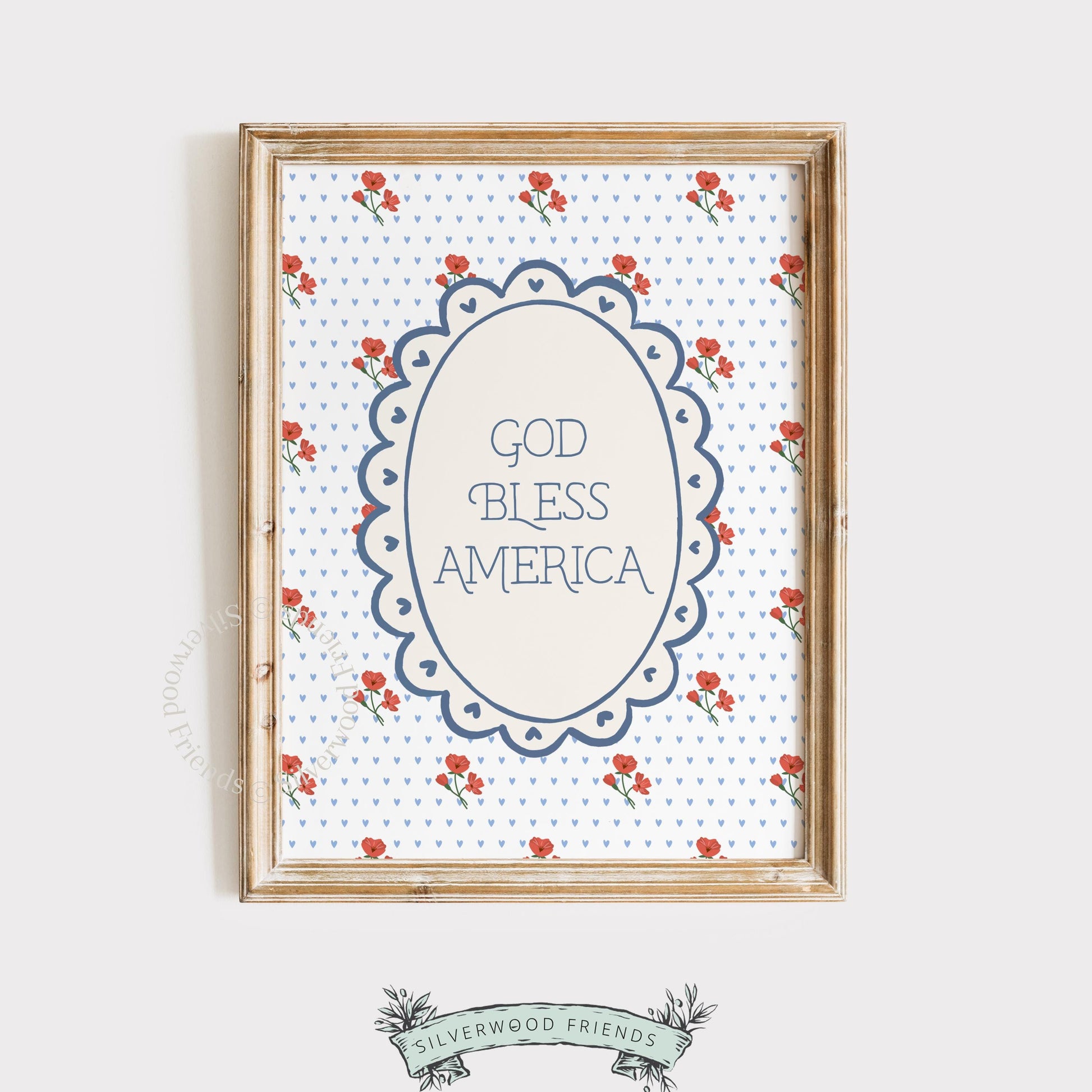 Vintage-style patriotic printable wall art featuring navy frame, cherries, and timeless red-white-blue aesthetic