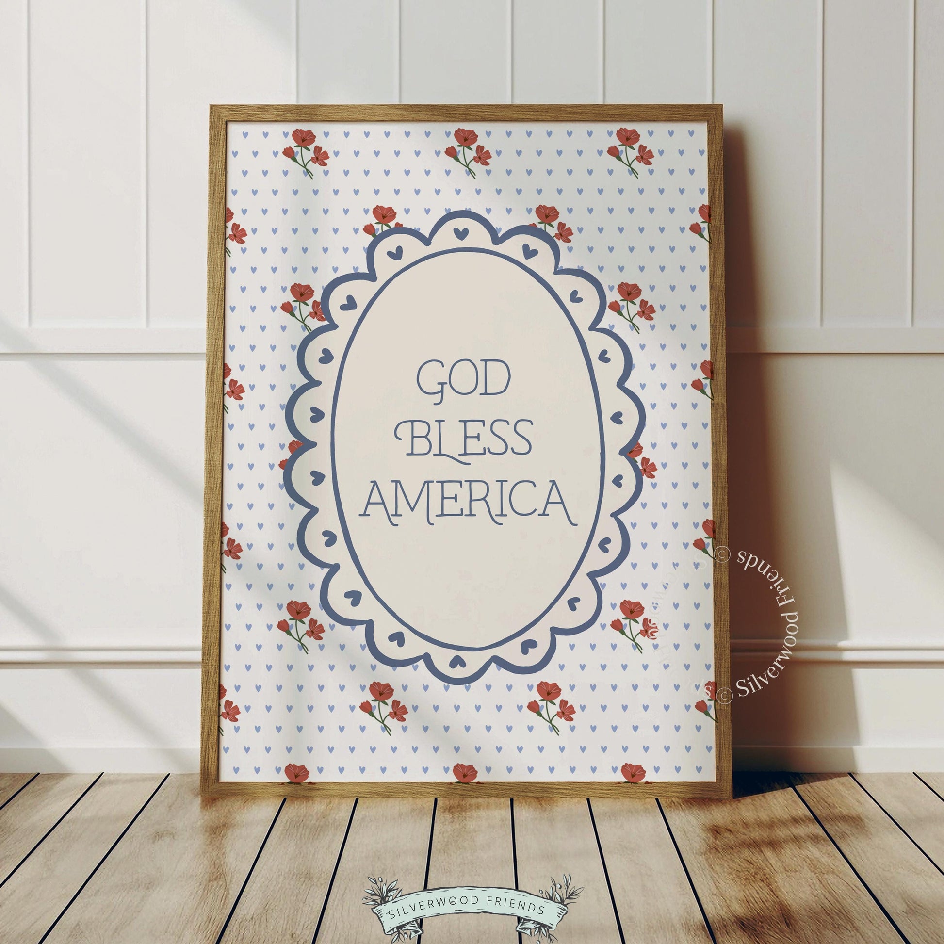 Americana typography digital print for Fourth of July — nostalgic red, white, blue color palette with cottage-cute appeal