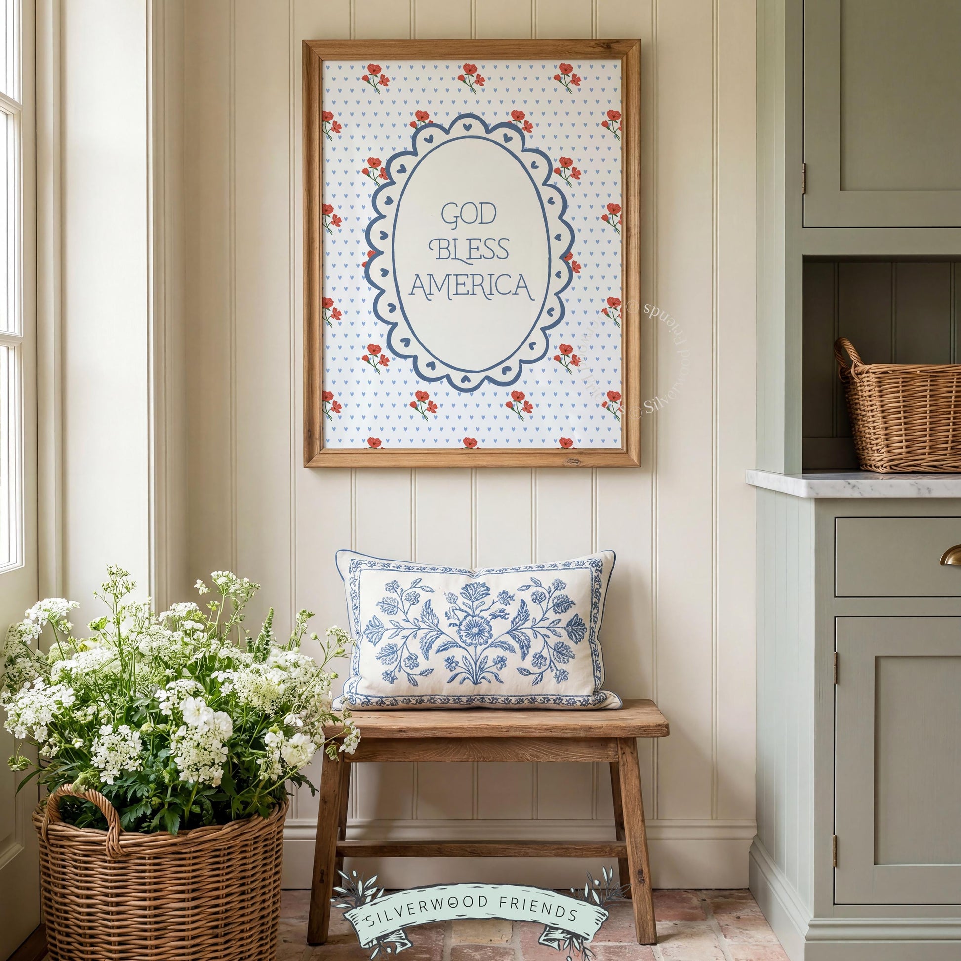 Patriotic gallery wall picture for summer — vintage blue polka dot background with small red flower accents
