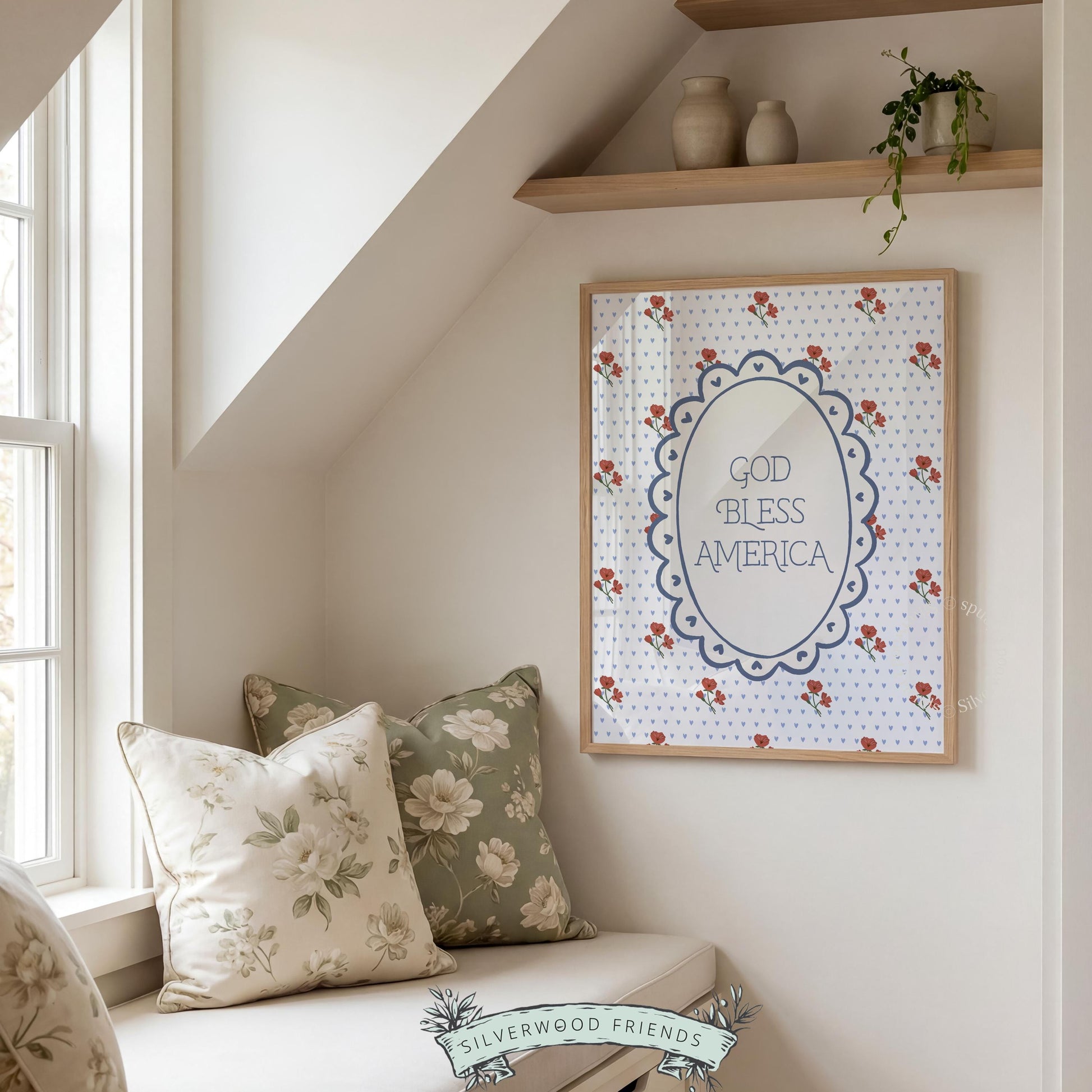 Patriotic home wall picture with scalloped oval frame, vintage typography, and nostalgic summer holiday theme