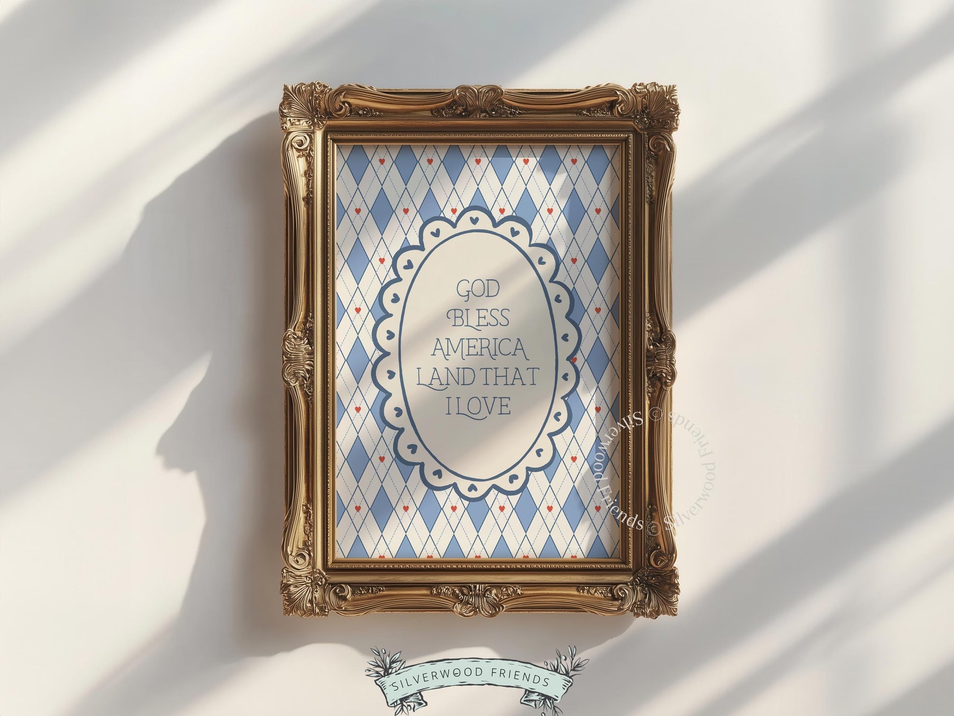 Vintage-inspired wall picture with God Bless America text and muted patriotic color scheme