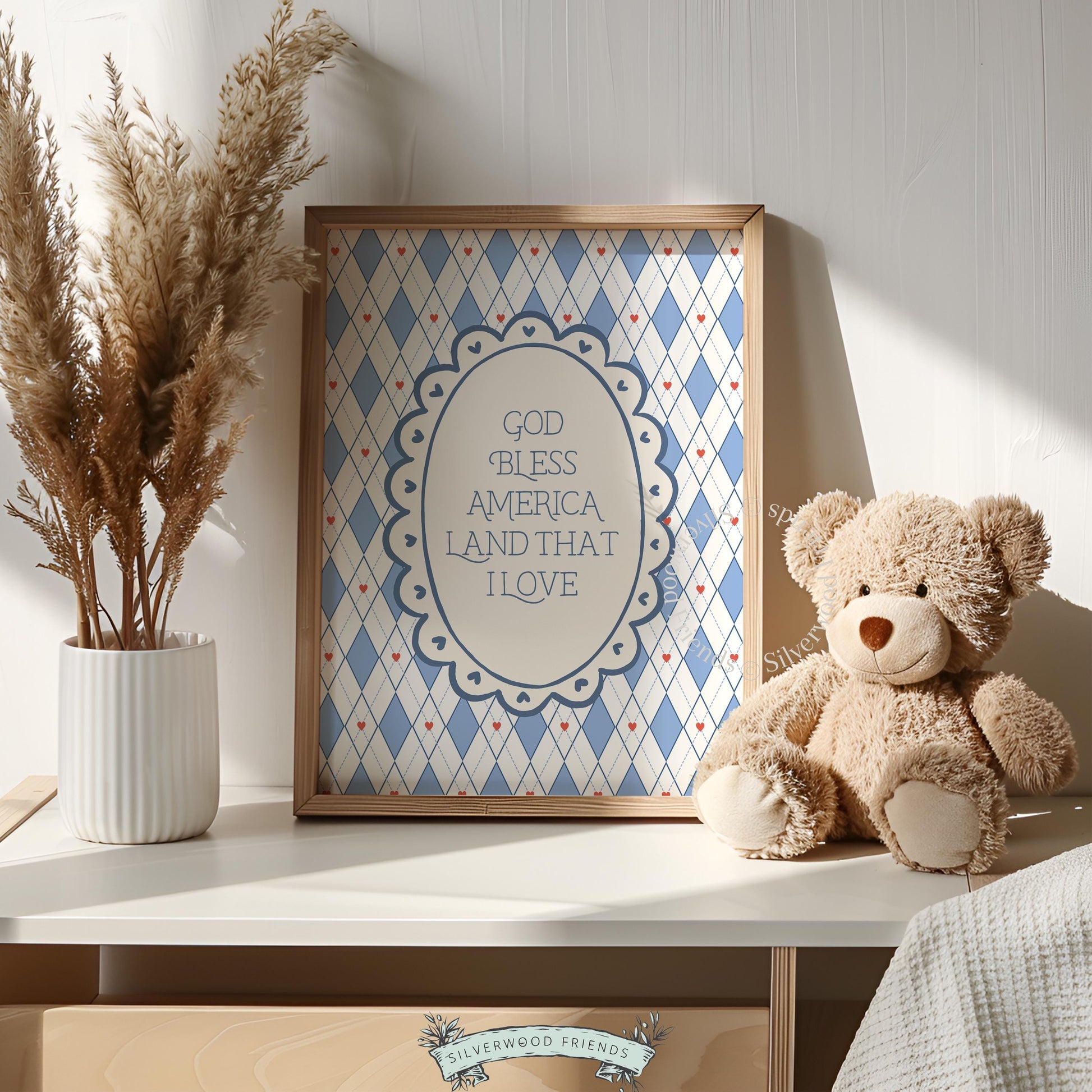 Red and blue argyle diamond wall decor — patriotic quote artwork with scattered heart details