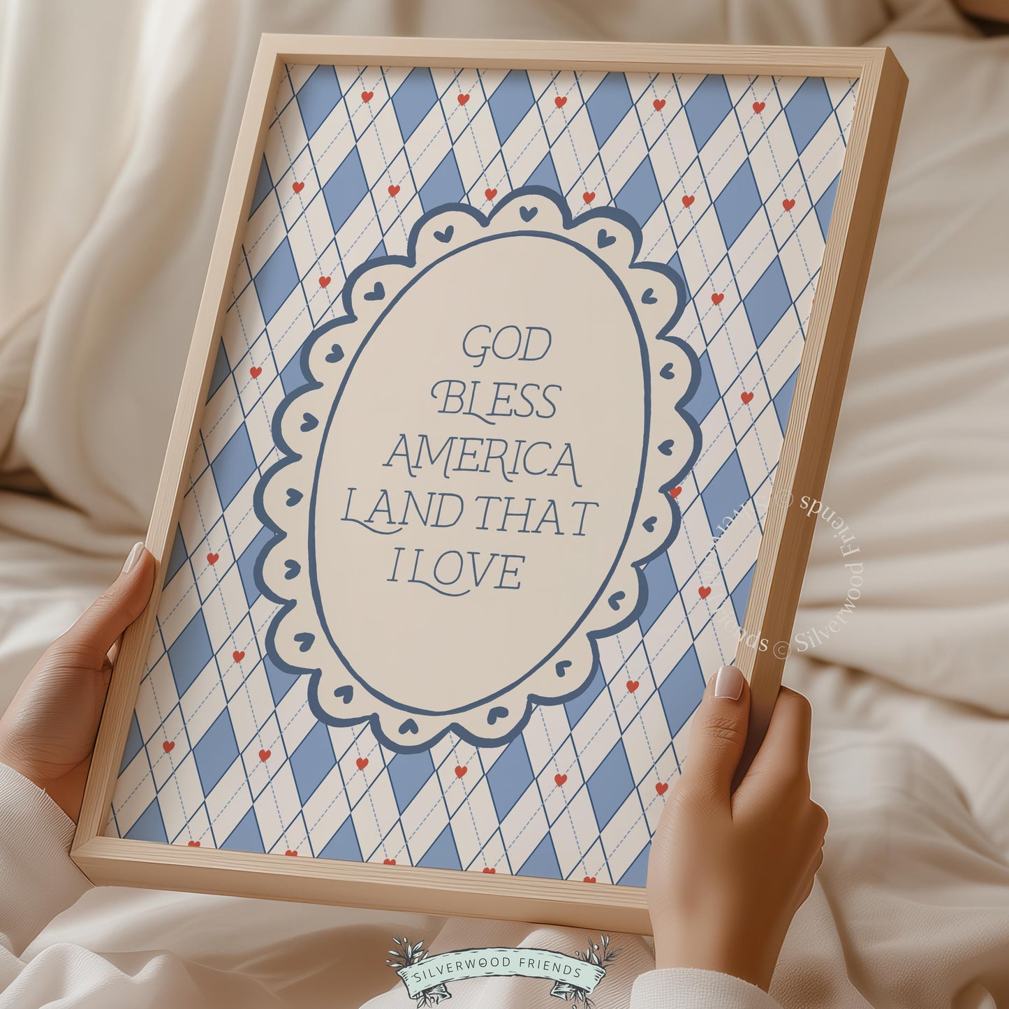 Retro patriotic printable art for entryway — soft Americana typography with scalloped frame design