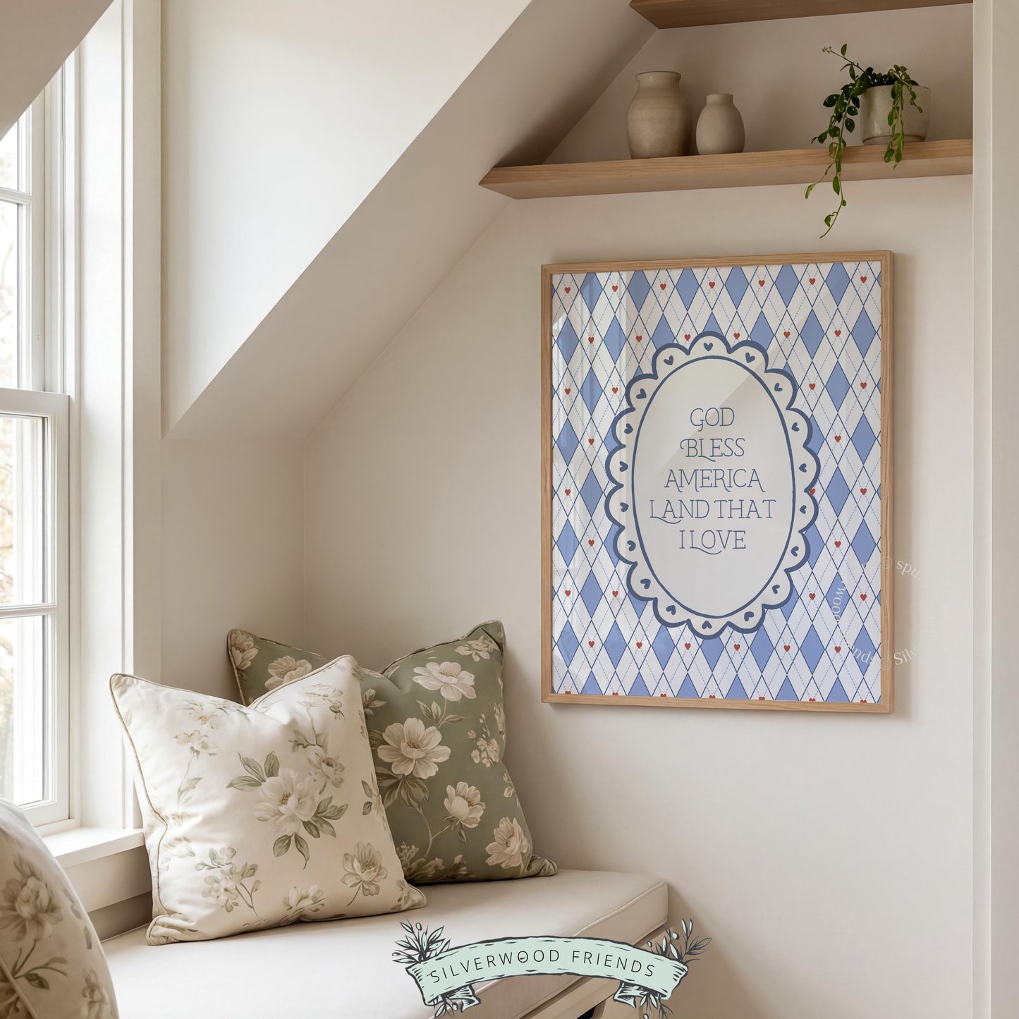 Americana wall art print with "Land That I Love" quote — cozy farmhouse style digital download