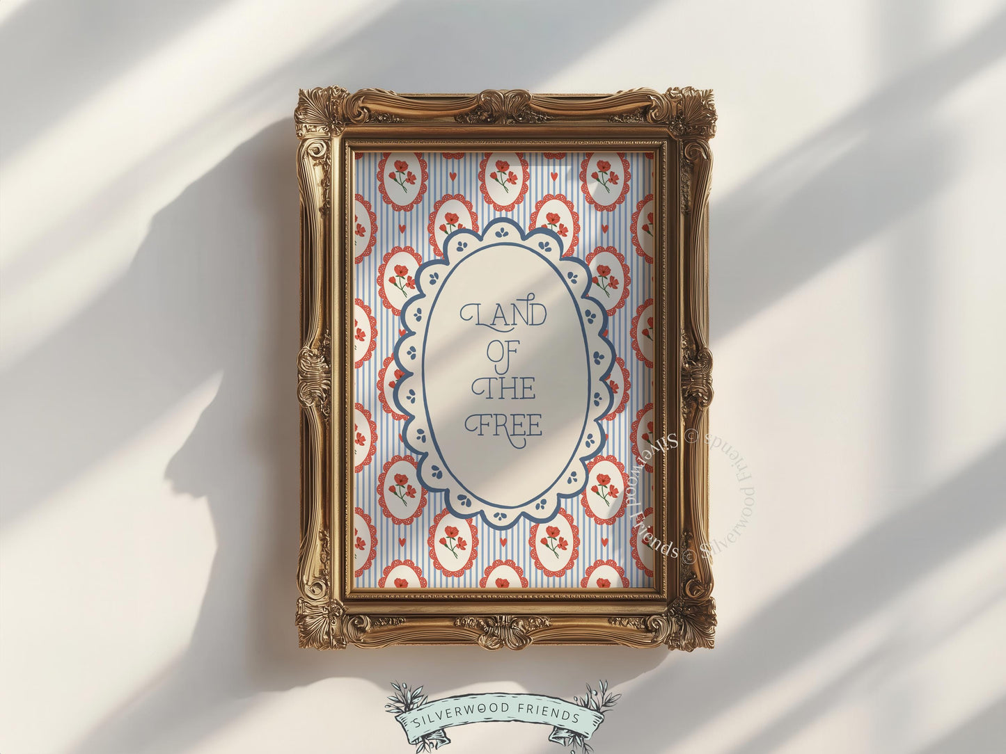 Patriotic floral quote printable art for bedroom — scalloped oval frame with cottagecore red and white botanical design