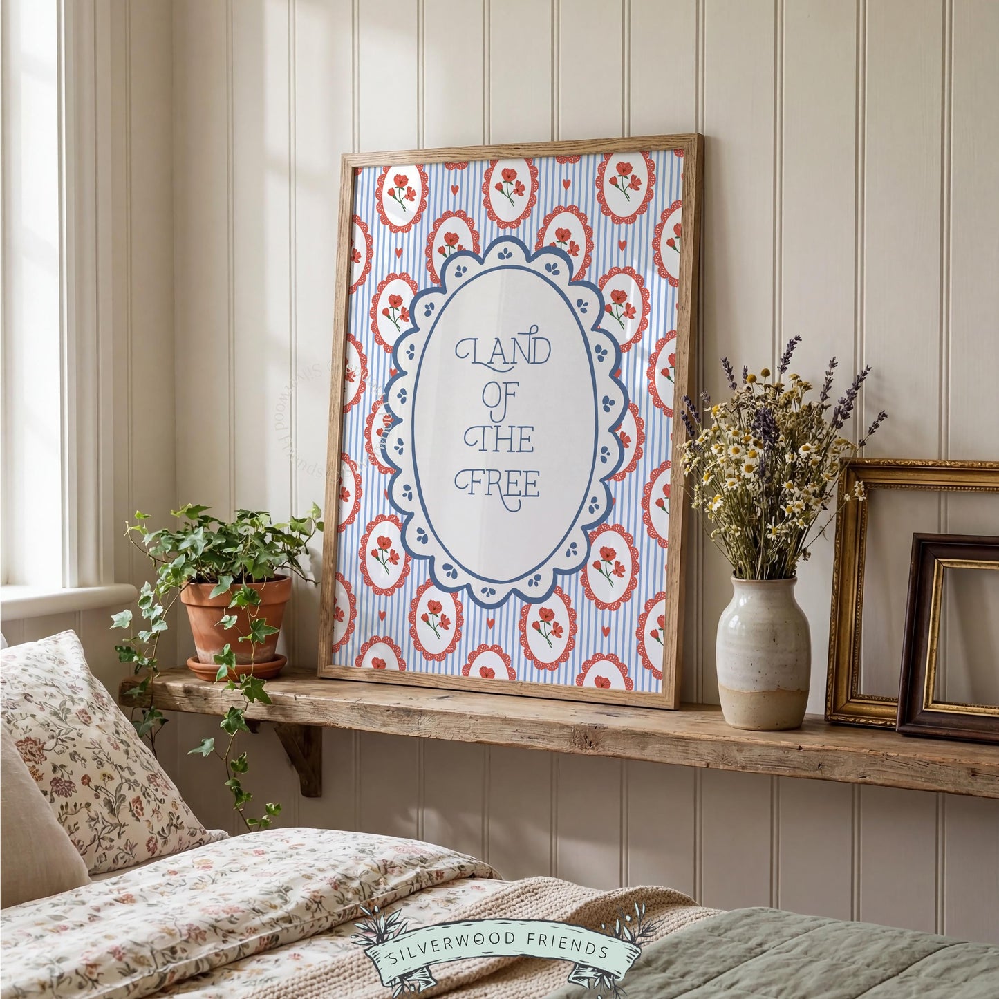 Red, white, and blue quote digital print for summer décor — hand-drawn carnation pattern with festive Americana vibes