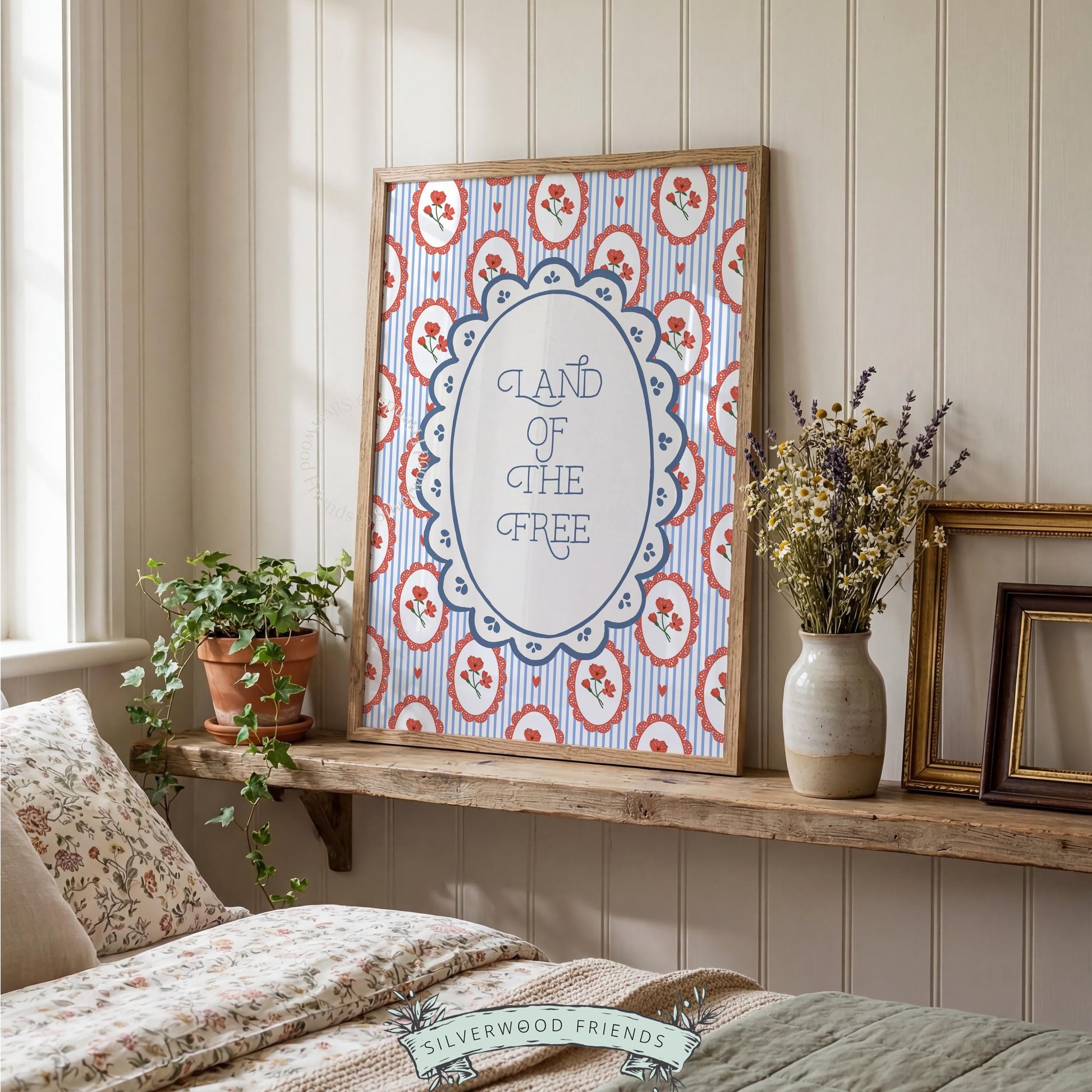 Red, white, and blue quote digital print for summer décor — hand-drawn carnation pattern with festive Americana vibes
