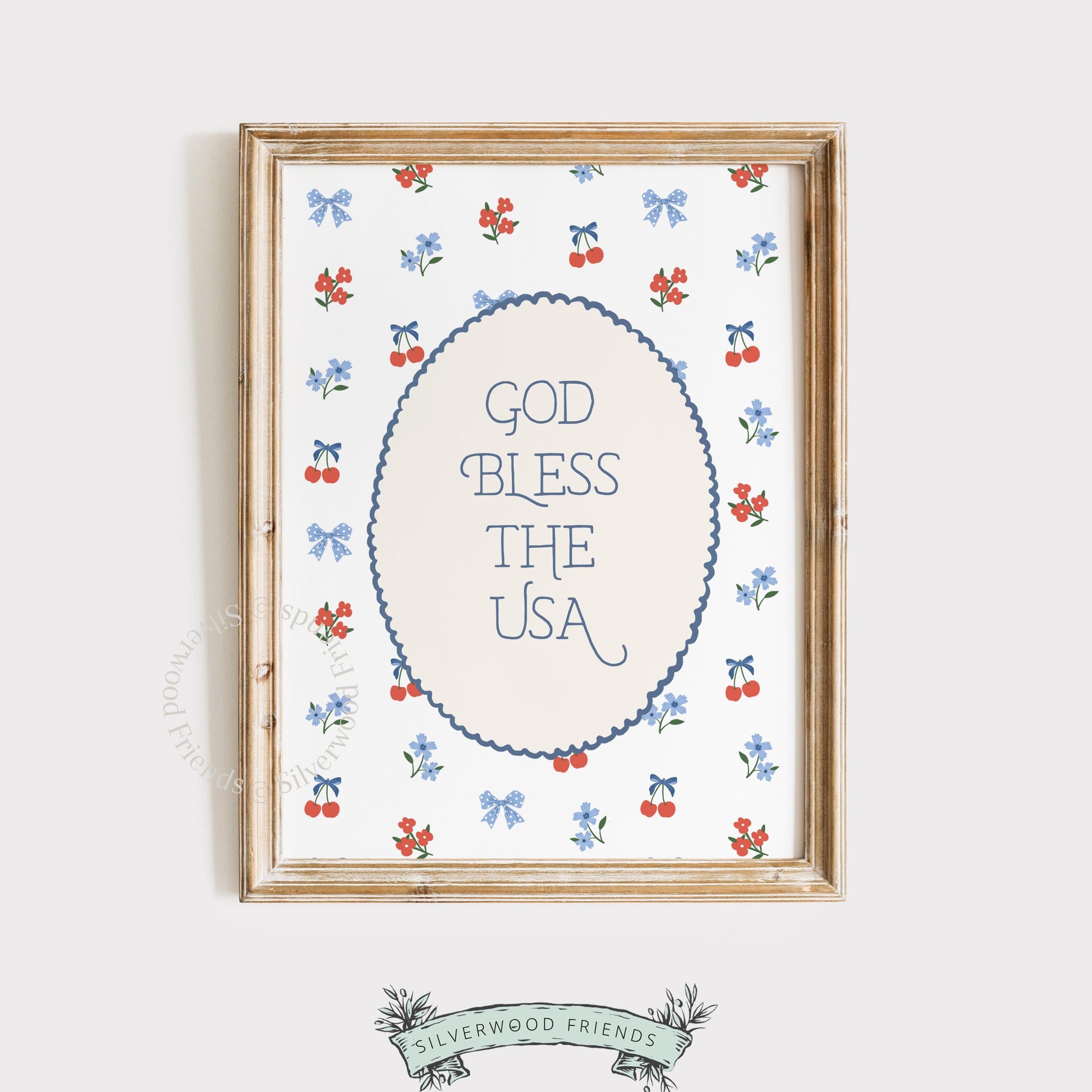 Cottagecore patriotic digital download featuring retro lettering, cherries, and bows cream background wall art