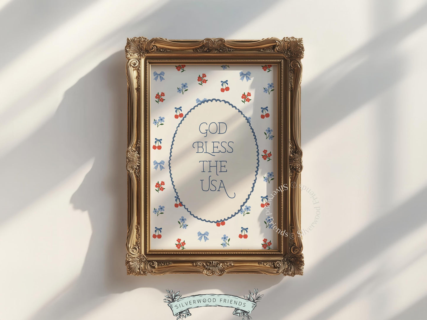 Americana printable artwork with vintage cherry pattern scalloped frame and patriotic sentiment for entryway