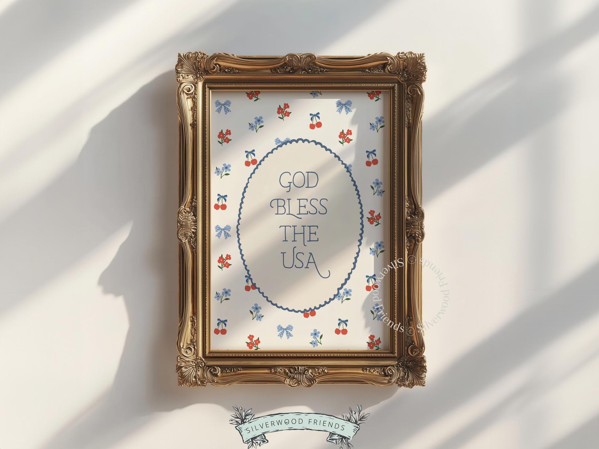 Americana printable artwork with vintage cherry pattern scalloped frame and patriotic sentiment for entryway