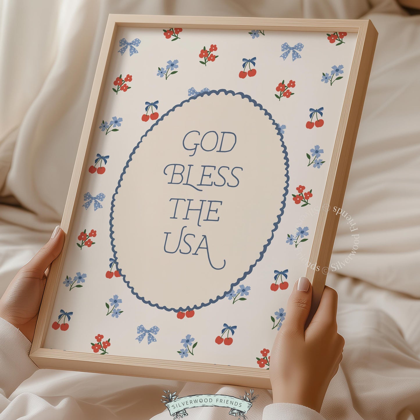 God Bless America printable poster for bedroom with charming scalloped border and Americana color palette