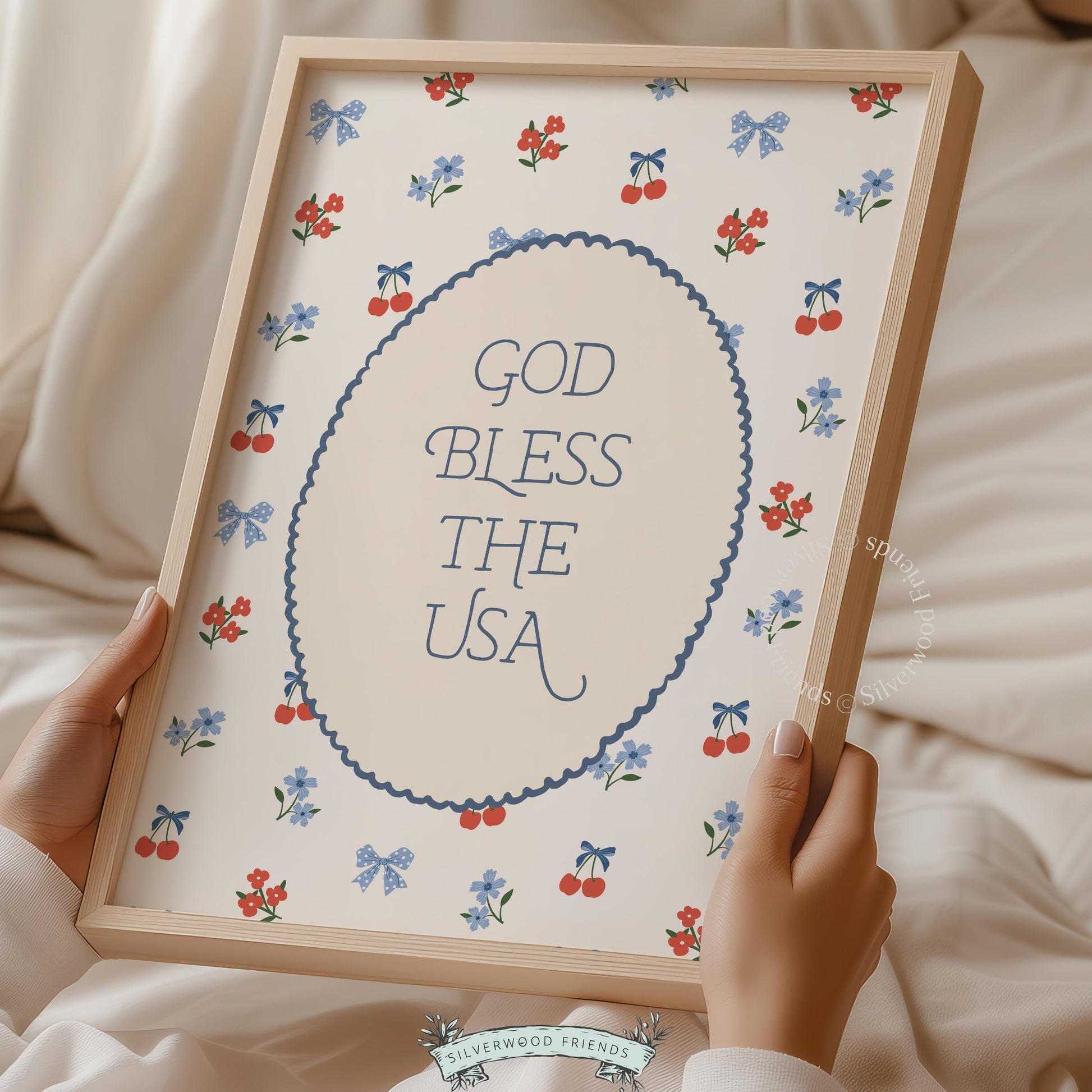 God Bless America printable poster for bedroom with charming scalloped border and Americana color palette