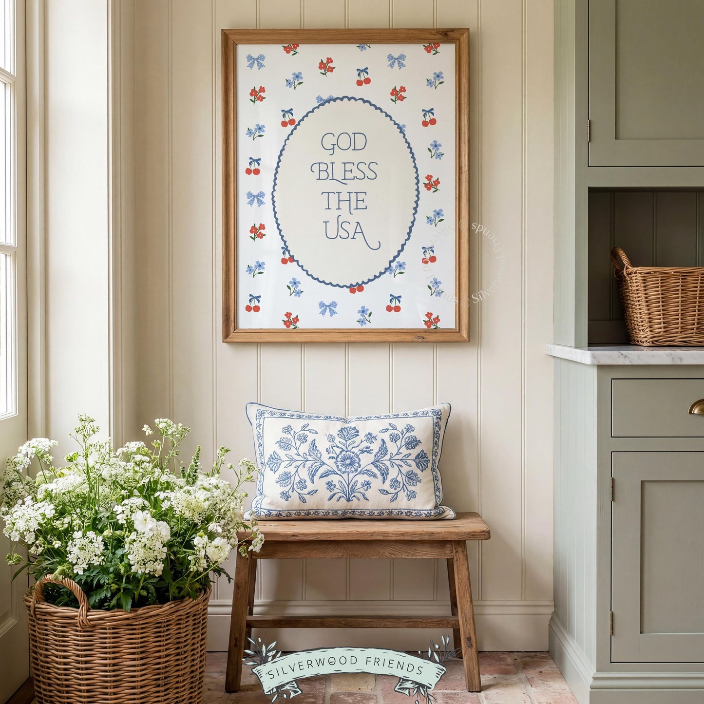 Patriotic quote printable art with scalloped oval frame, red white blue florals for farmhouse home