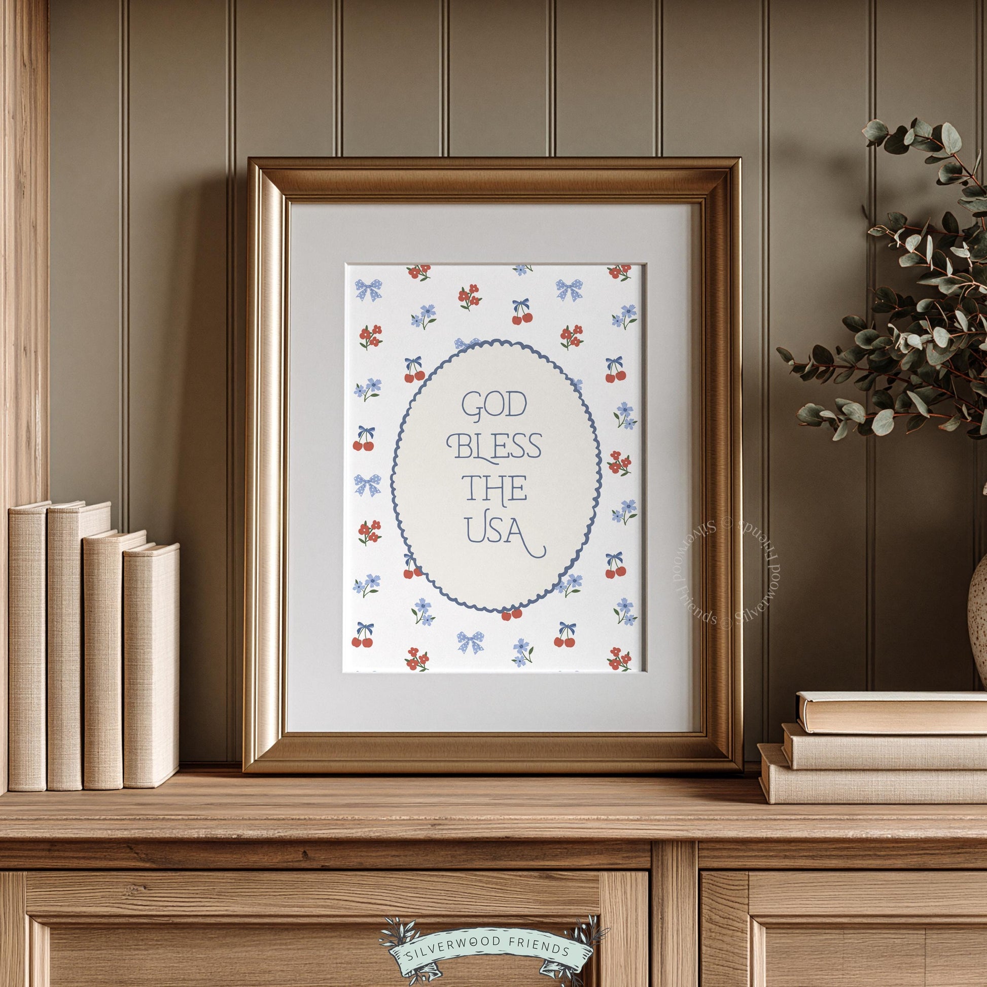 Patriotic gallery wall art printable showing God Bless America with charming scalloped border and ditsy cherries